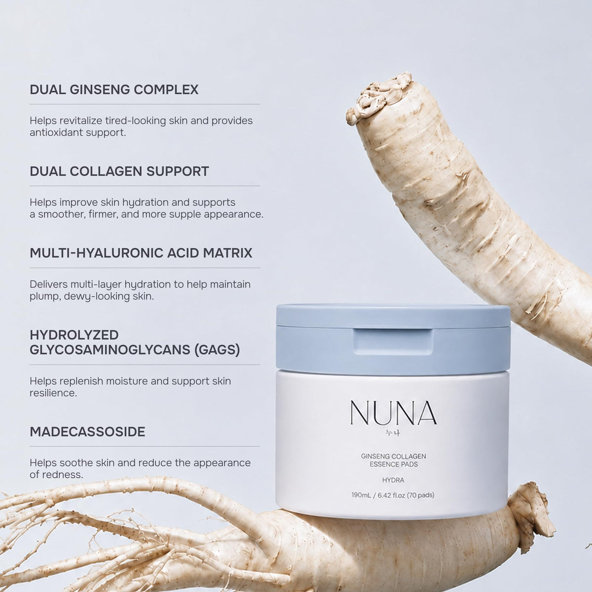 NUNA Discos de esencia de colágeno y ginseng: hidratantes y revitalizantes con colágeno, extracto de raíz de ginseng fermentado y fermento de lactobacillus, ácido hialurónico multicapa.