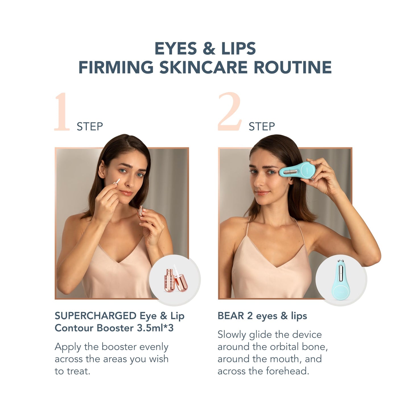 FOREO Set A Wink 'n' a Smile - BEAR 2 Eyes & Lips masajeador facial con radiofrecuencia - microcorrientes facial + 3x3,5 ml Sérum SUPERCHARGED Eye & Lip Contour Booster - Contorno de ojos - Artic Blue