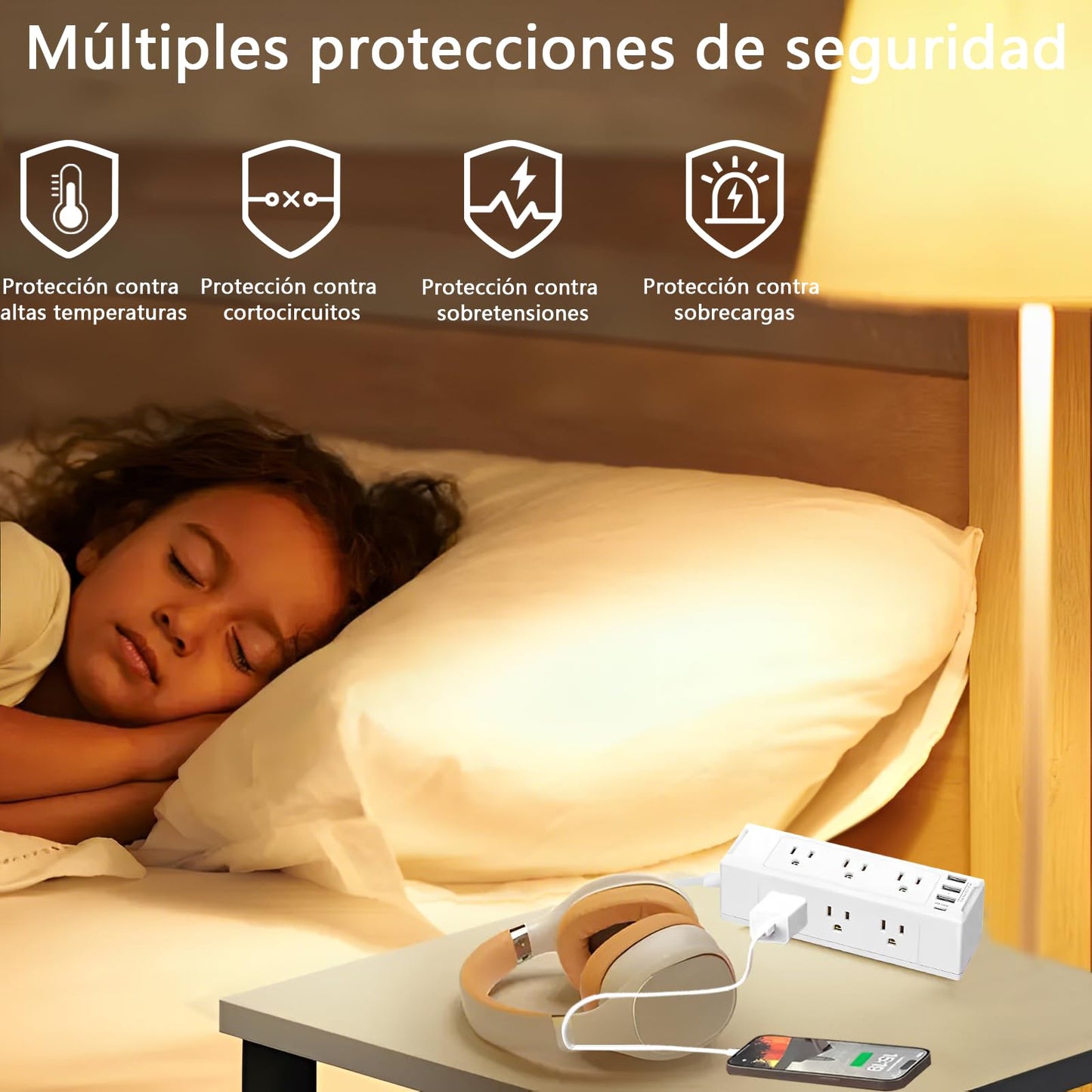 TDVCVZSD 13 en 1 Regleta con Clip para Escritorio, Protector contra sobretensiones USB-C con 9 Salidas de CA y 4 USB (1 USB C), Cable de Enchufe Plano 1,8 m para Dormitorio, casa, Oficina