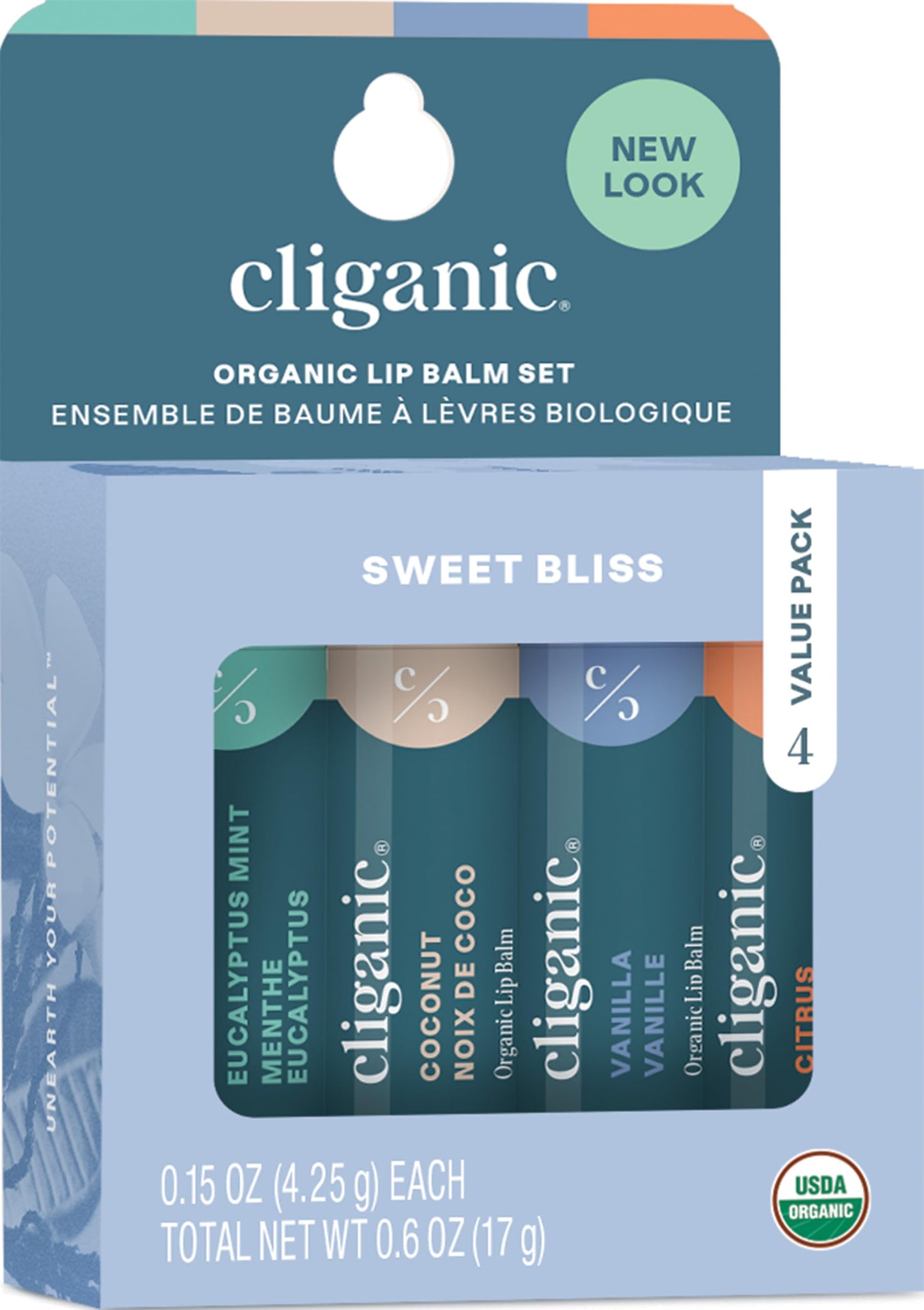 Cliganic Set de Bálsamos Labiales Orgánicos 4 Sabores, Tamaño Compacto