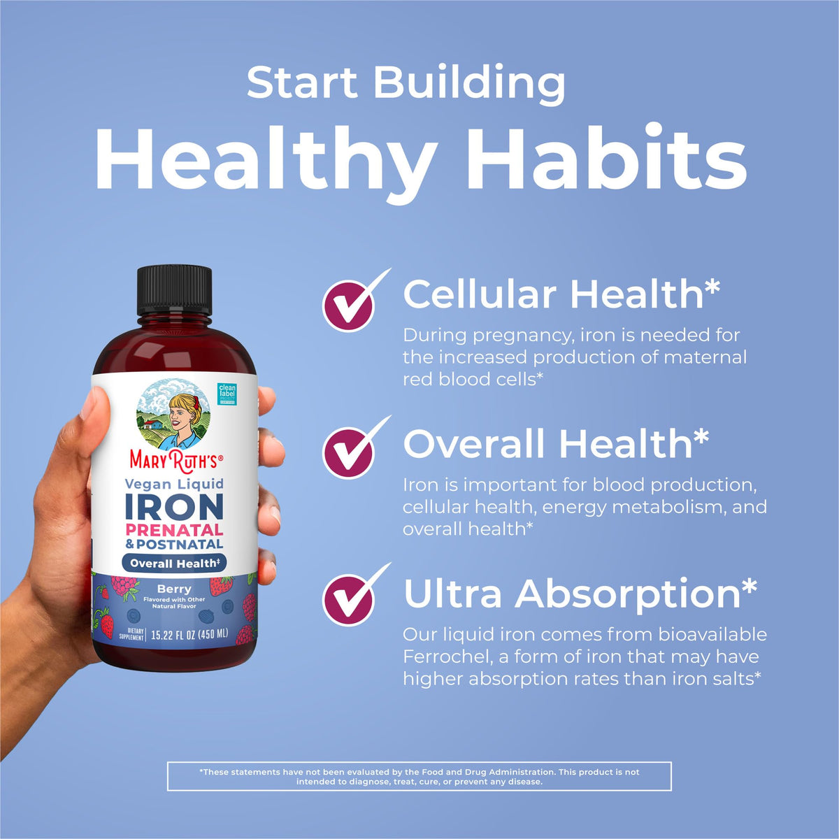 MaryRuth Organics | Prenatal Postnatal Iron Liquid, Berry, 16 oz | Líquido de hierro prenatal posnatal, bayas, 16 oz