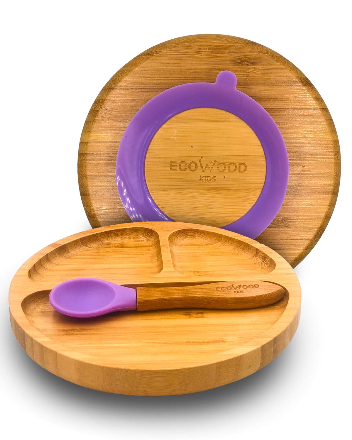 Ecowood® Plato Extendido de Bambú con Divisiones para Bebe y Niño - Con Base de Silicona Succión Adherente y Antiderrapante (Morado)