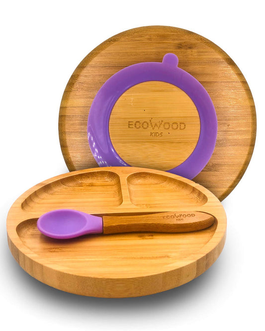 Ecowood® Plato Extendido de Bambú con Divisiones para Bebe y Niño - Con Base de Silicona Succión Adherente y Antiderrapante (Morado)