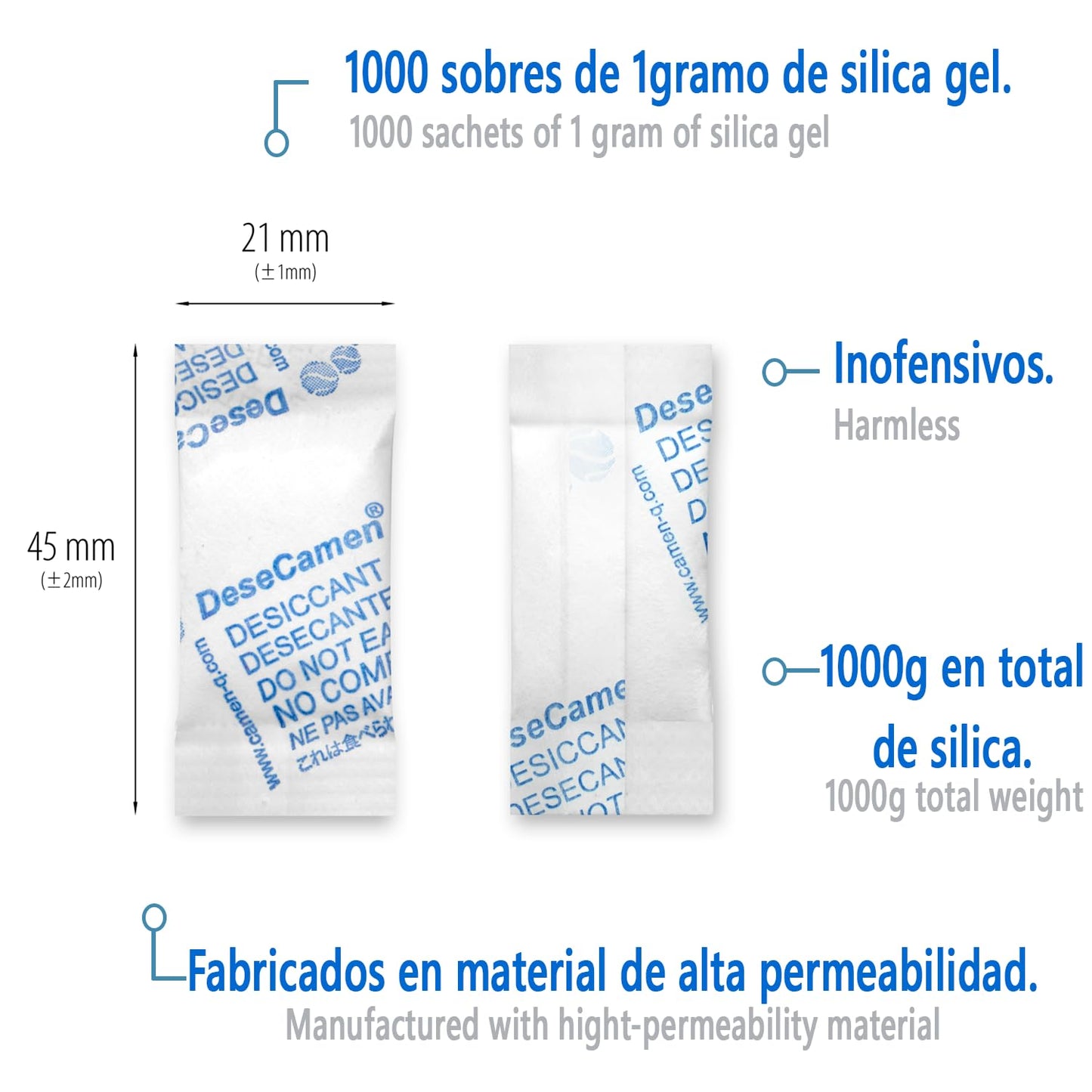 [1,000 Sobres] Silica Gel 1g - Alimentos y Medicamentos - Elimina Humedad, Moho y la Oxidación - FDA Approved - DeseCamen