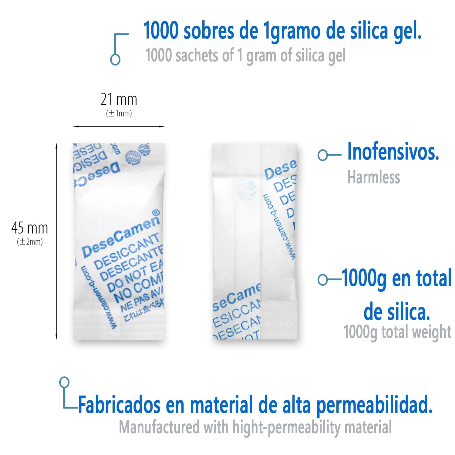 [1,000 Sobres] Silica Gel 1g - Alimentos y Medicamentos - Elimina Humedad, Moho y la Oxidación - FDA Approved - DeseCamen