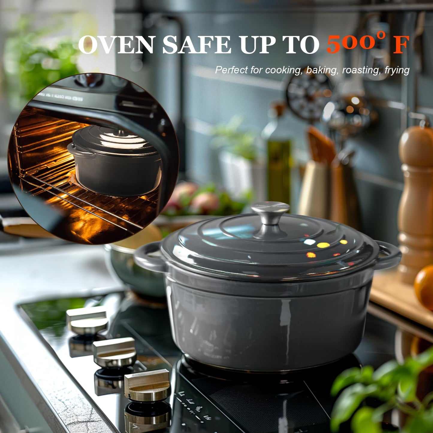Overmont - Horno holandés de hierro fundido esmaltado, utensilios de cocina de 4.5 cuartos con tapa de algodón resistente al calor, olla esmaltada resistente con tapa para estofados, asar pan y