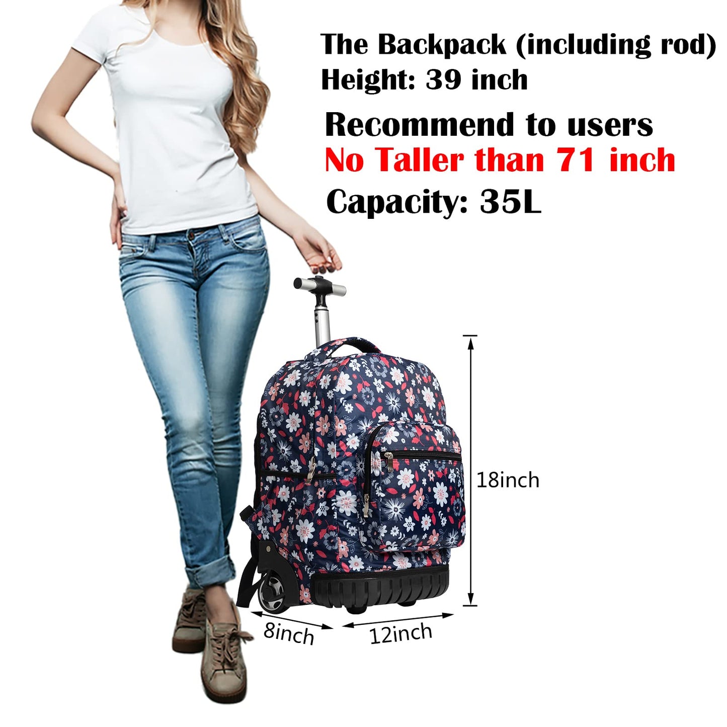 Mochila Rodante SKYMOVE Margaritas con Múltiples Compartimentos para Libros y Portátil