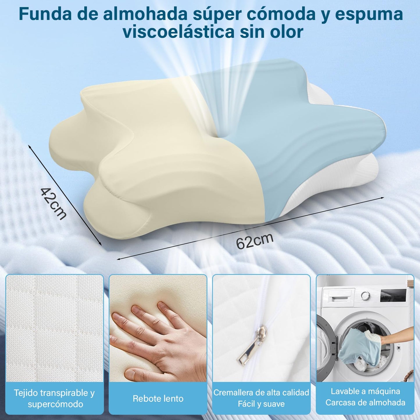 KIROGILY Almohada Memory Foam, Almohada Cervical para Aliviar el Dolor de Cuello, Almohada Ortopédica para Quienes Duermen de Lado, Boca Arriba y Boca Abajo, con Funda de Almohada (Azul)