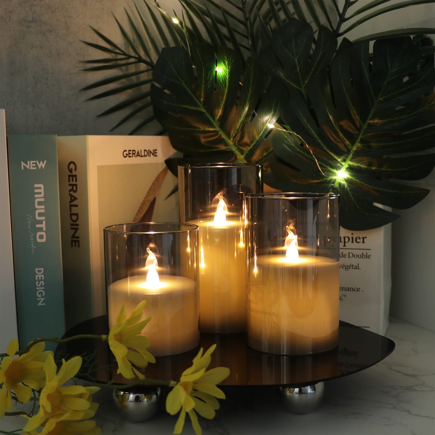 GenSwin - Velas led sin llama de vidrio gris con control remoto de 10 teclas y temporizador, velas de cera real, luz blanca cálida parpadeante para decoración del hogar (juego de 3)