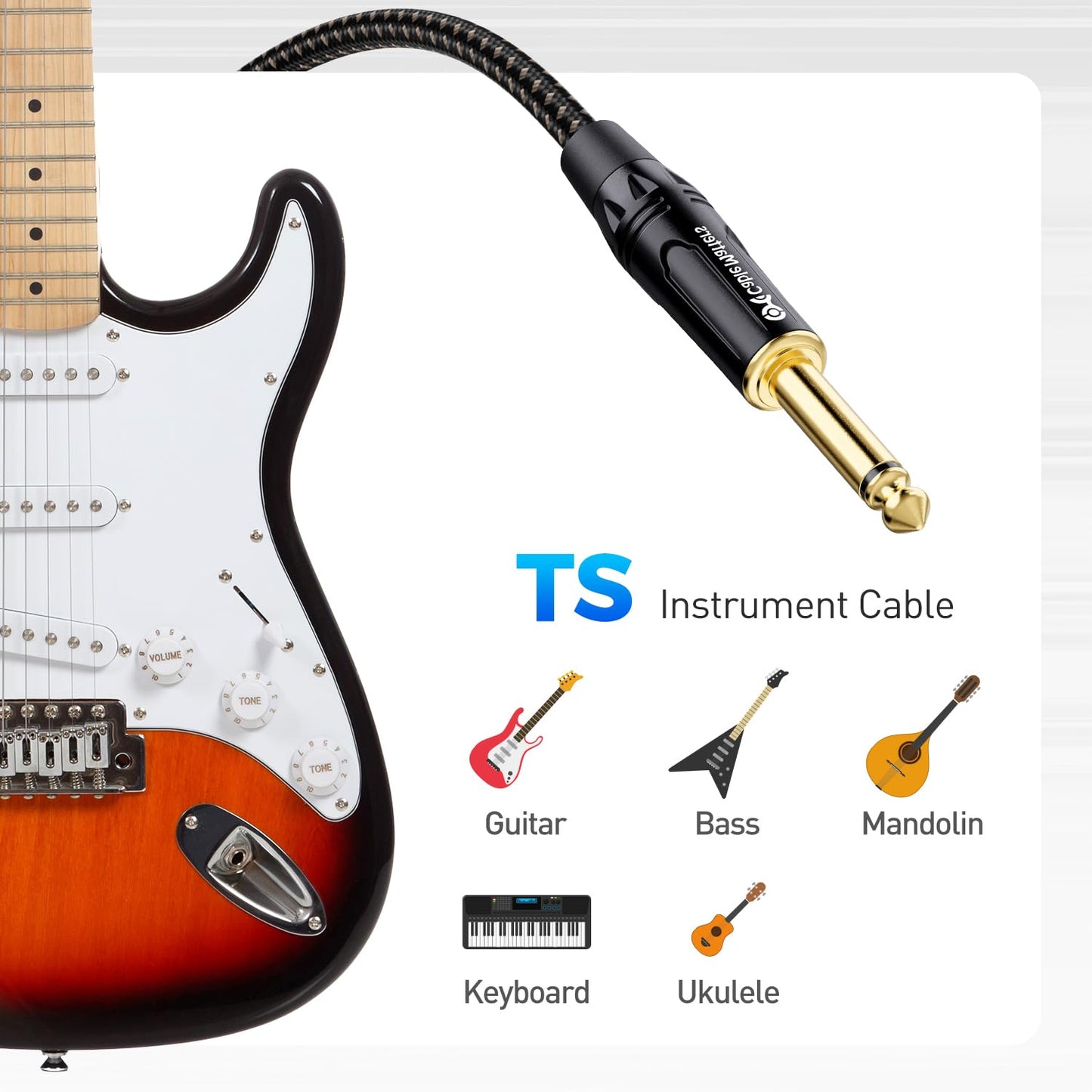 Cable Matters, paquete de 2 cables de guitarra TS de 1/4 pulgadas, recto a ángulo recto, cable de instrumento de 1/4, 3 pies