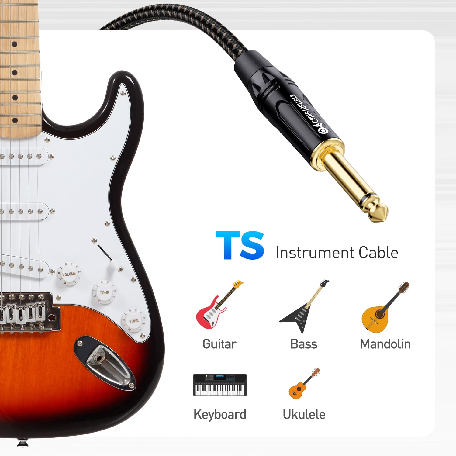 Cable Matters, paquete de 2 cables de guitarra TS de 1/4 pulgadas, recto a ángulo recto, cable de instrumento de 1/4, 3 pies