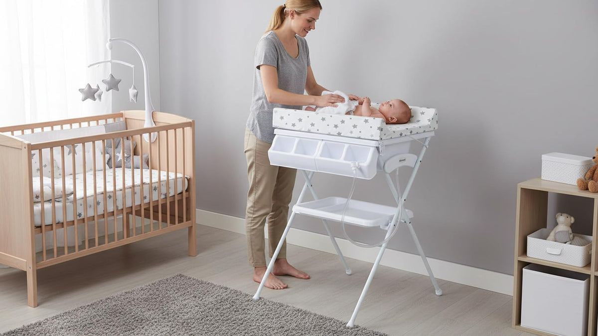 BAMBINETO Bañera alta para bebé BATH con Colchón Cambiador y Base de tijera. ESTRELLAS GRIS