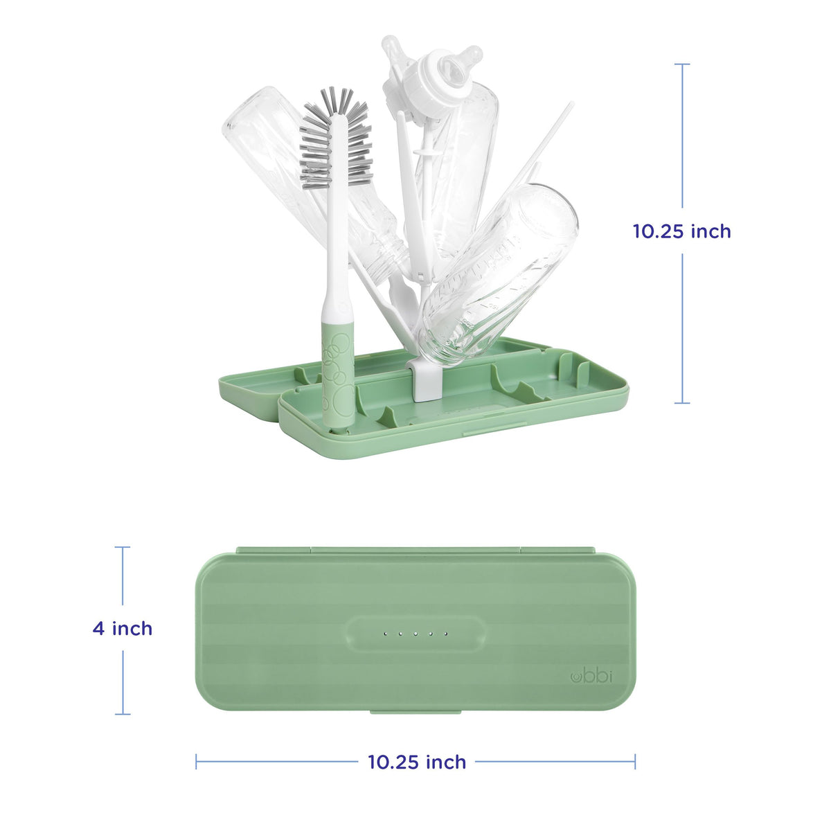 Ubbi On-the-Go - Juego de cepillo para polvo y estante de secado para llevar, incluye estuche de viaje y cepillo para polvo para botella para almacenamiento compacto, capacidad para hasta 8 botellas,