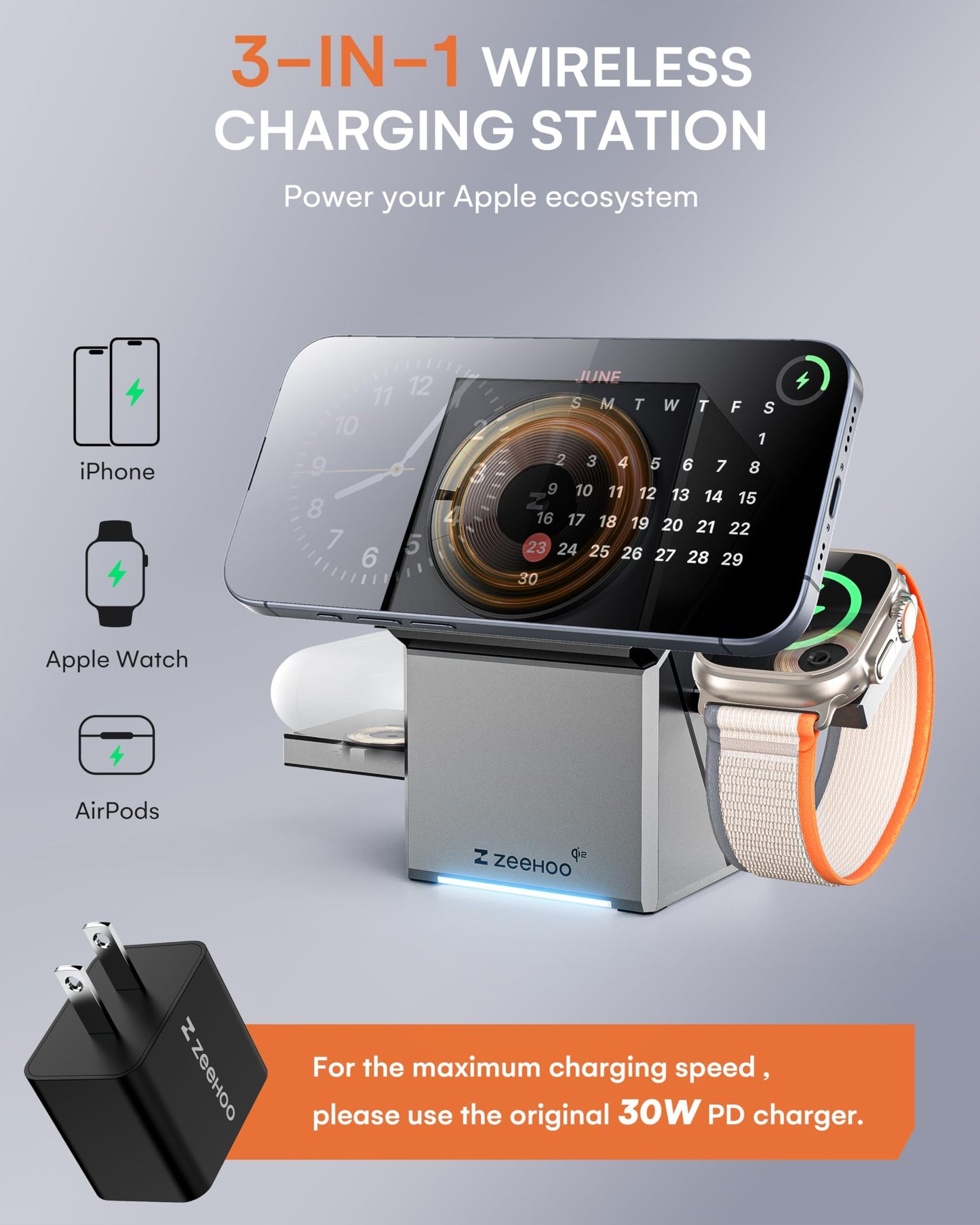 ZEEHOO Estación de Carga 3 en 1 para Apple, iPhone Charger, Certificado Qi2, Soporte de Cargador inalámbrico Giratorio para iPhone 16, 15, 14, 13, 12 Series, Apple Watch, AirPods (Cargador