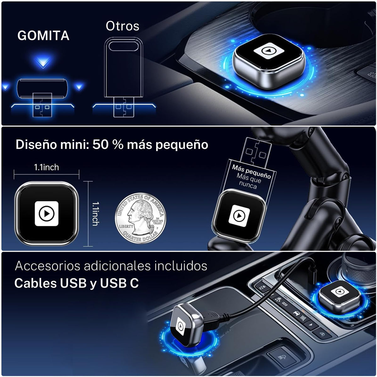 Adaptador Inalámbrico GOMITA Negro Conexión Rápida y Compacta para CarPlay y Android Auto con Puerto USB USB-C