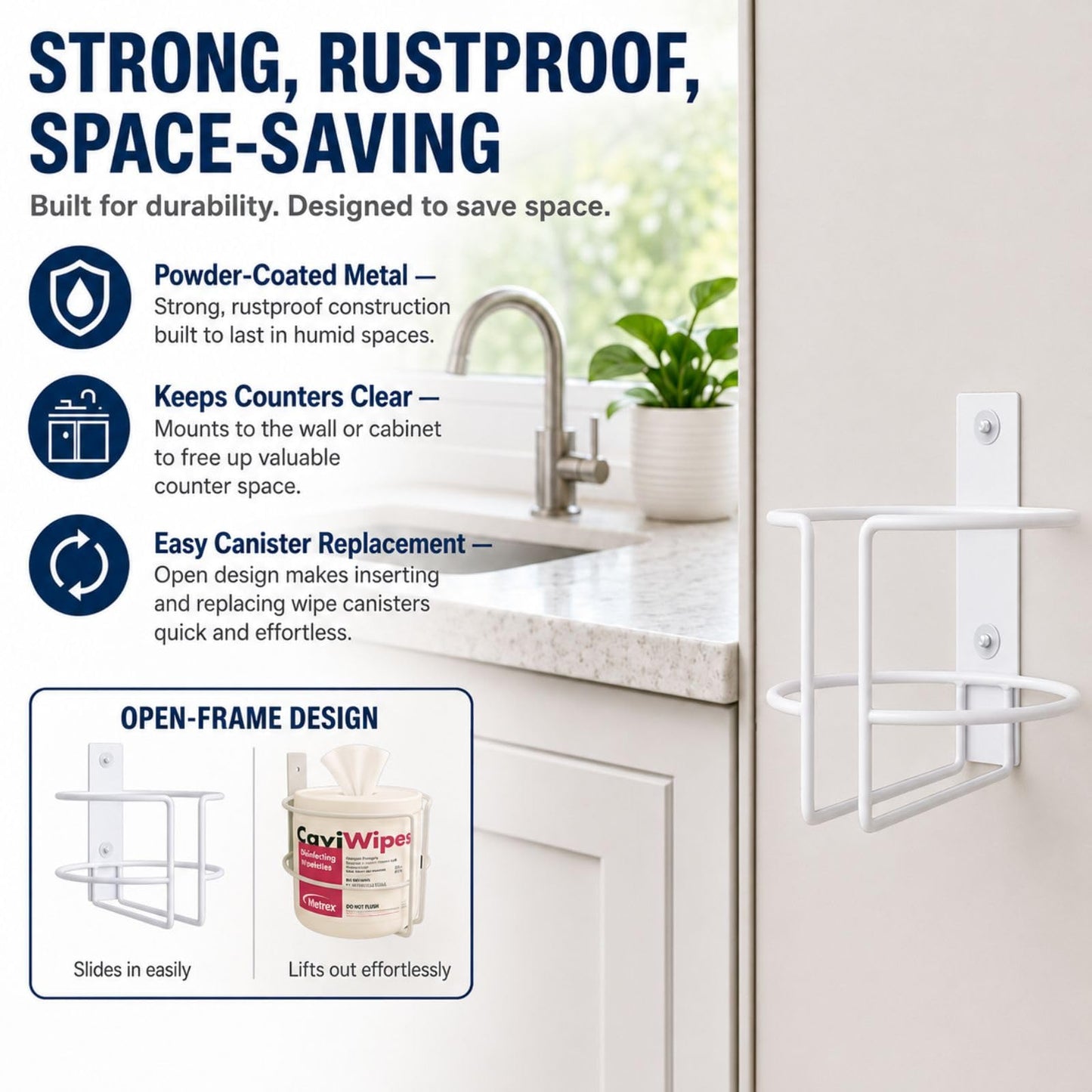Soporte y dispensador de toallitas para montaje en pared, organizador de baño y cocina a prueba de óxido con calcomanía o tornillos 3M, apto para toallitas Clorox, Lysol, bebé y mascotas, estante de