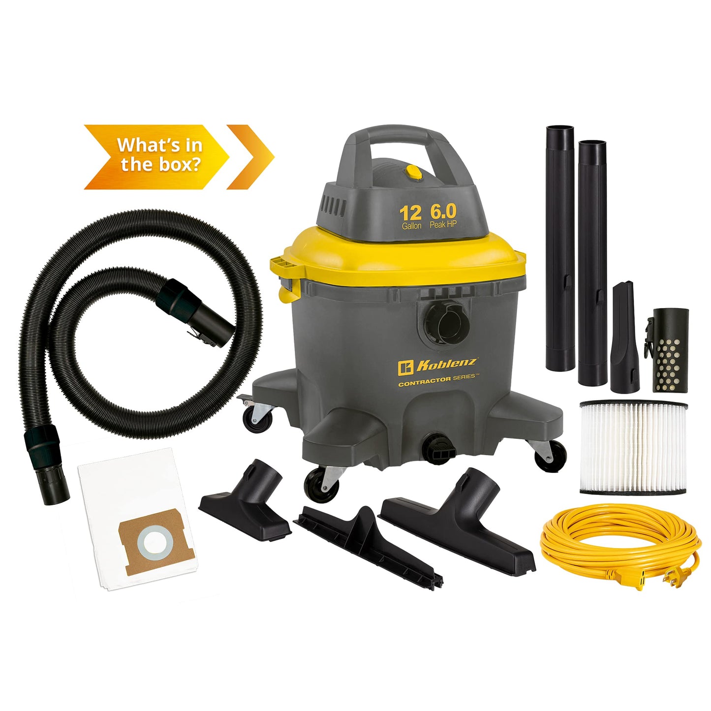 Aspiradora Húmeda Seca Koblenz Gris Amarillo Contratista 12 Galones 6.0HP Cable a Tierra de 35 Pies