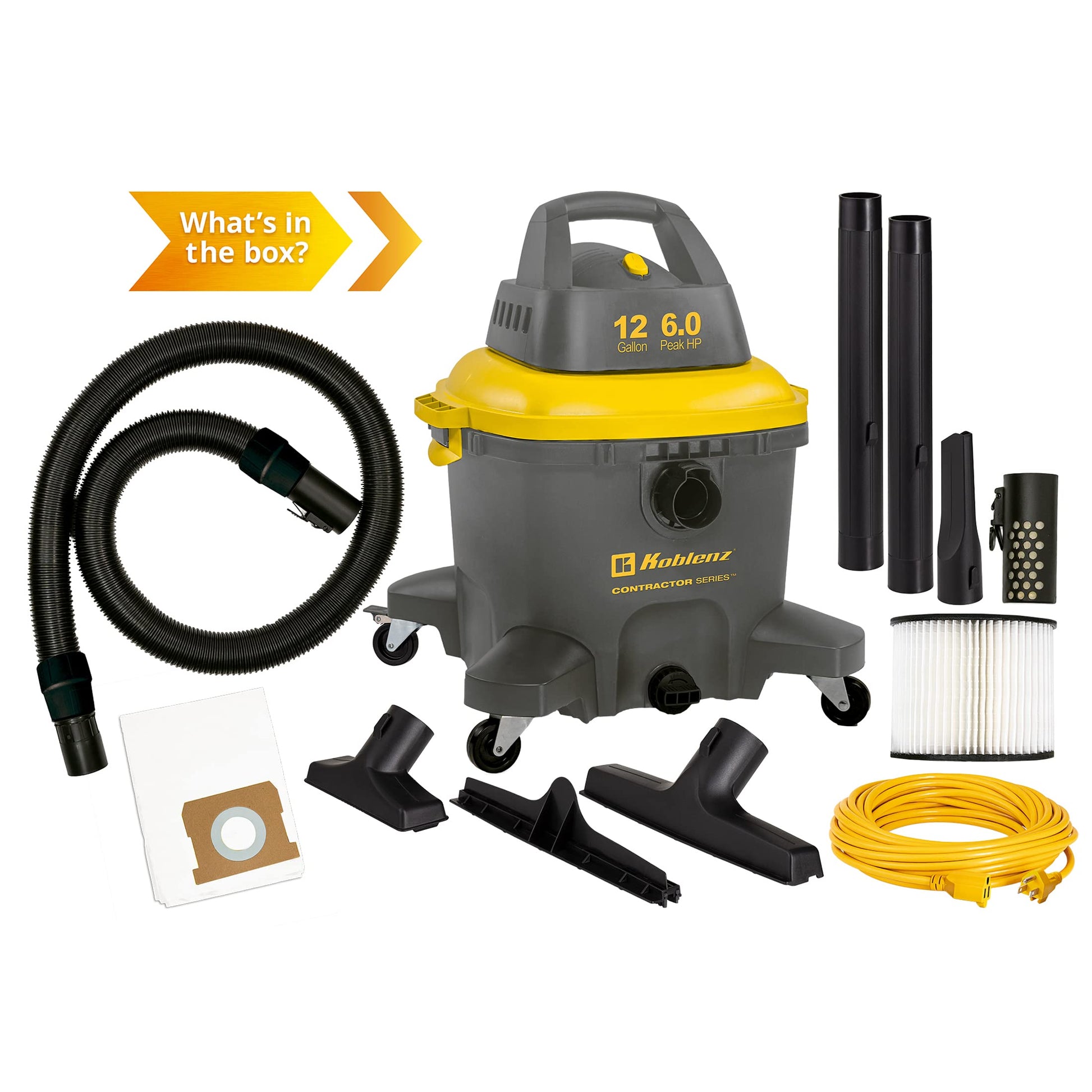 Aspiradora Húmeda Seca Koblenz Gris Amarillo Contratista 12 Galones 6.0HP Cable a Tierra de 35 Pies
