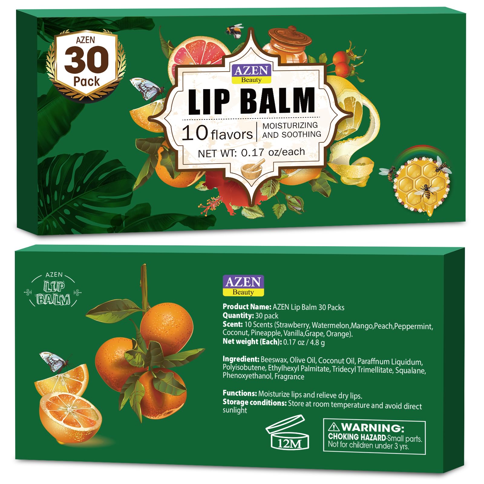 AZEN- Paquete de 30 bálsamos labiales, bálsamos labiales naturales a granel, producto para el cuidado de los labios, bálsamo labial hidratante para labios secos y agrietados