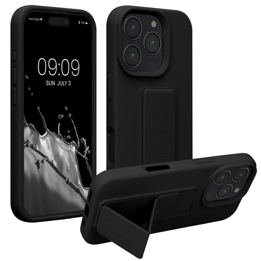 Carcasa kwmobile Compatible con Apple iPhone 16 Pro Negro con Soporte y Agarre para Dedo