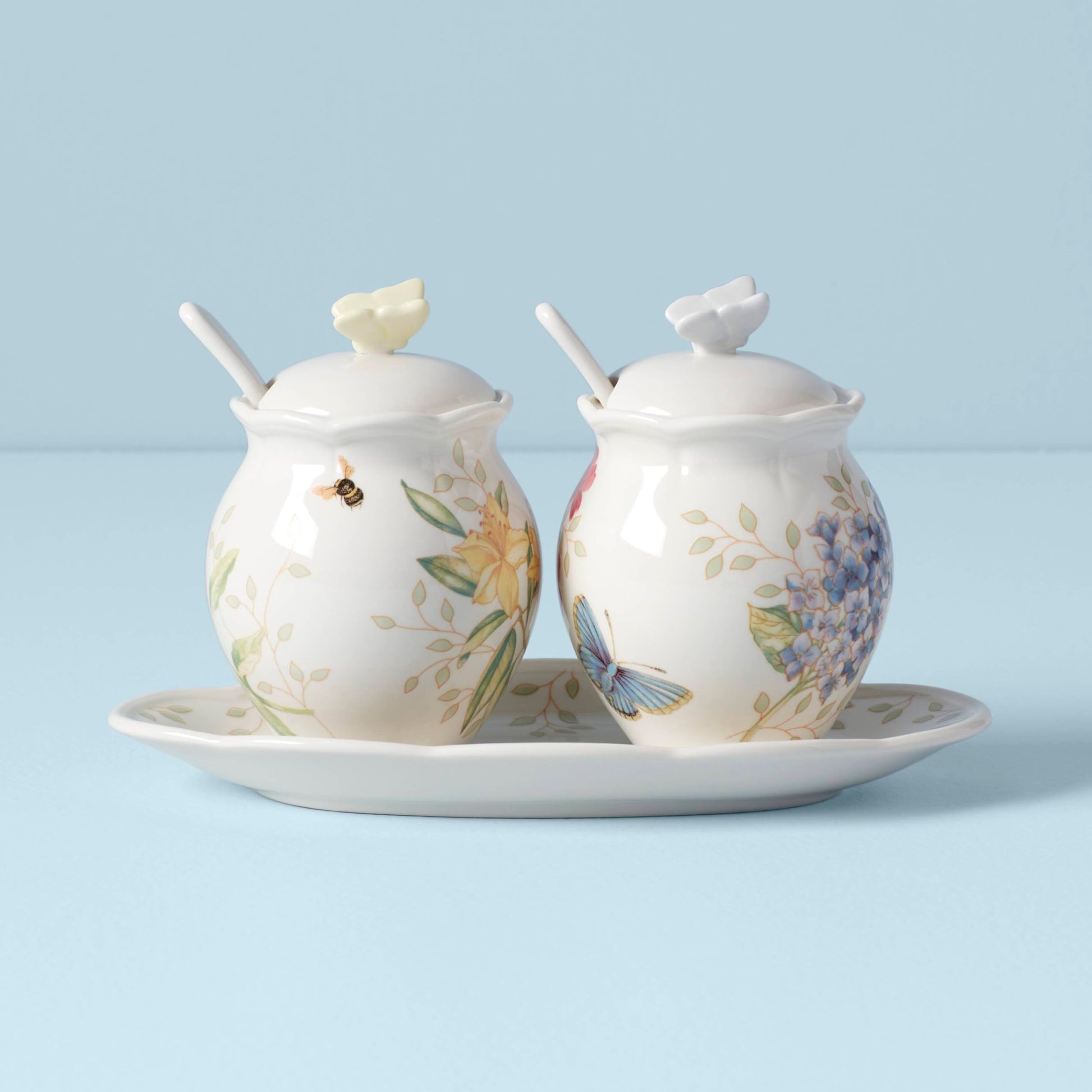 Lenox Salero y pimentero de porcelana fina, diseño floral y mariposa, Set de condimentos, 7 piezas, Blanco, 1
