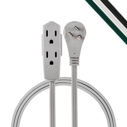 GE 69883 - Cable de extensión Plano de 3 pies con conexión a Tierra, múltiples tomacorrientes, Calibre 16, listado UL, Gris