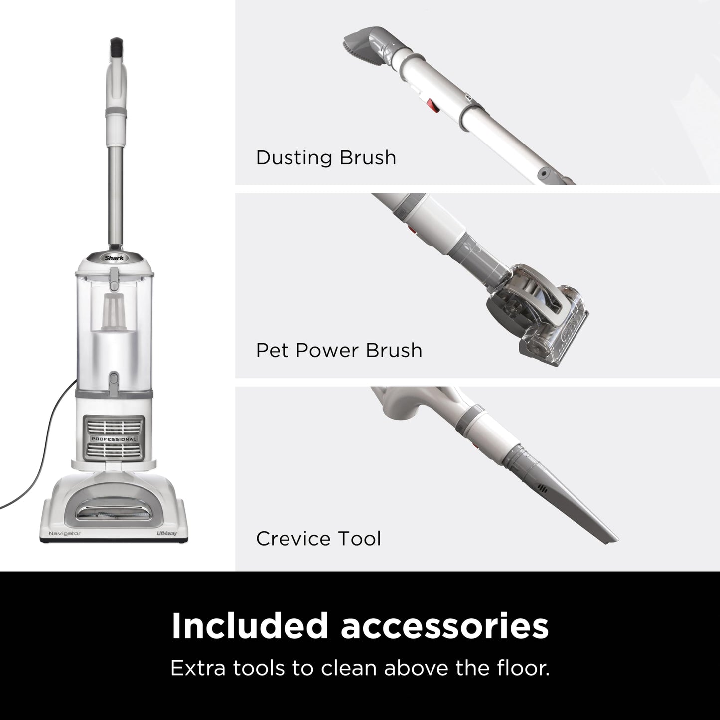 Aspiradora Vertical Shark Navigator Lift-Away Blanco Plateado con Cepillo para Mascotas y Herramienta para Hendiduras Profesional