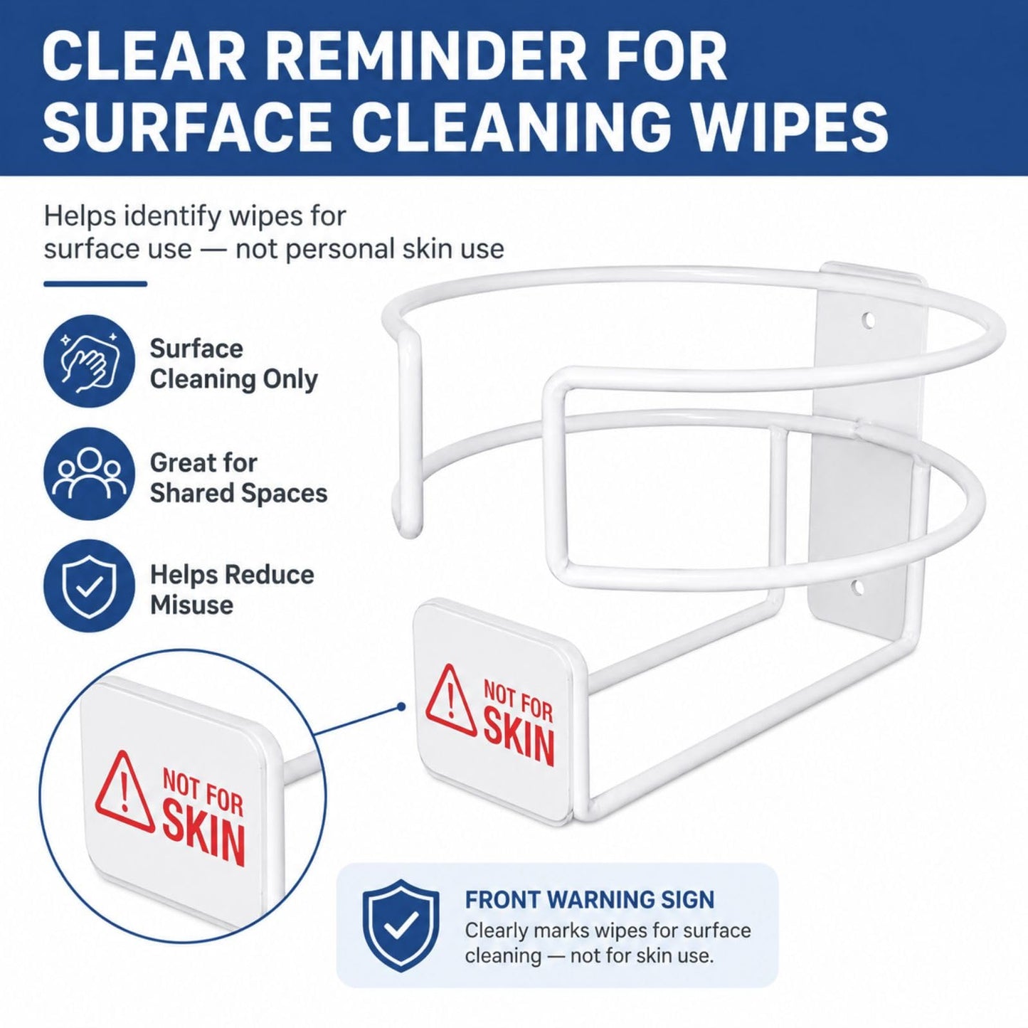 Soporte para toallitas desinfectantes de montaje en pared para recipientes Clorox y Lysol, soporte de bote de limpieza de metal con etiqueta de advertencia de piel, se adapta a hasta 5.2 pulgadas
