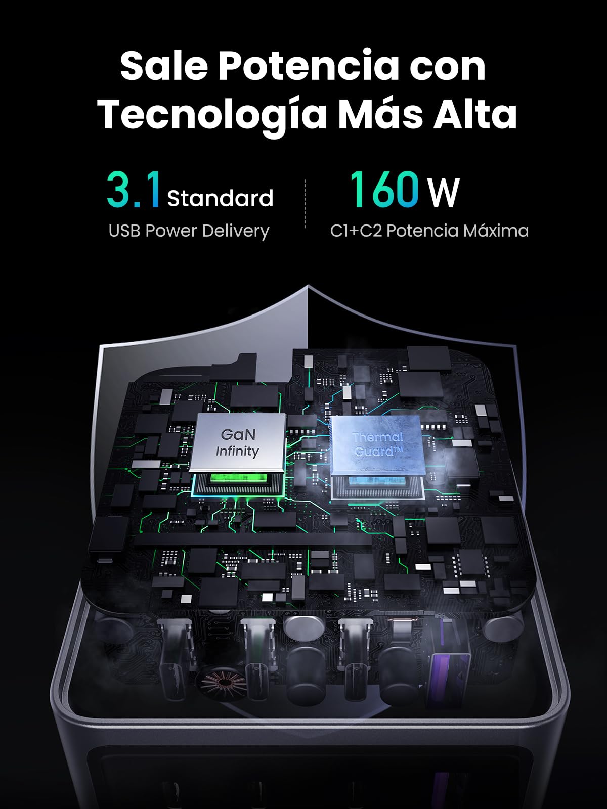 Cargador Tipo C UGREEN Nexode Pro 160W Negro PPS GAN de Pared 4 Puertos para iPad, iPhone y Galaxy