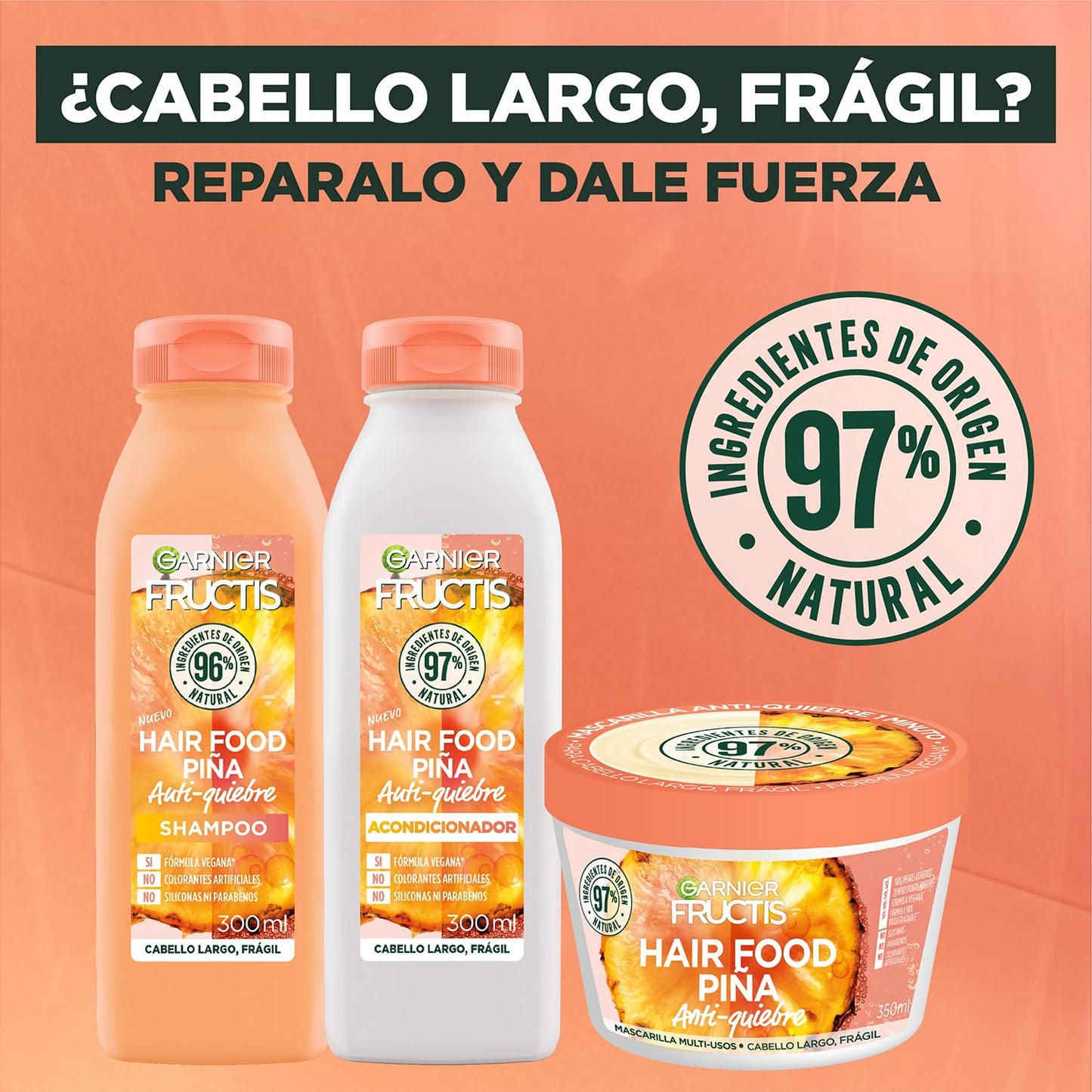 Kit Garnier Fructis Hair Food Piña Rutina Completa Anti-quiebre, Shampoo 300ml, Acondicionador 300ml y Mascarilla 350ml, 3 piezas