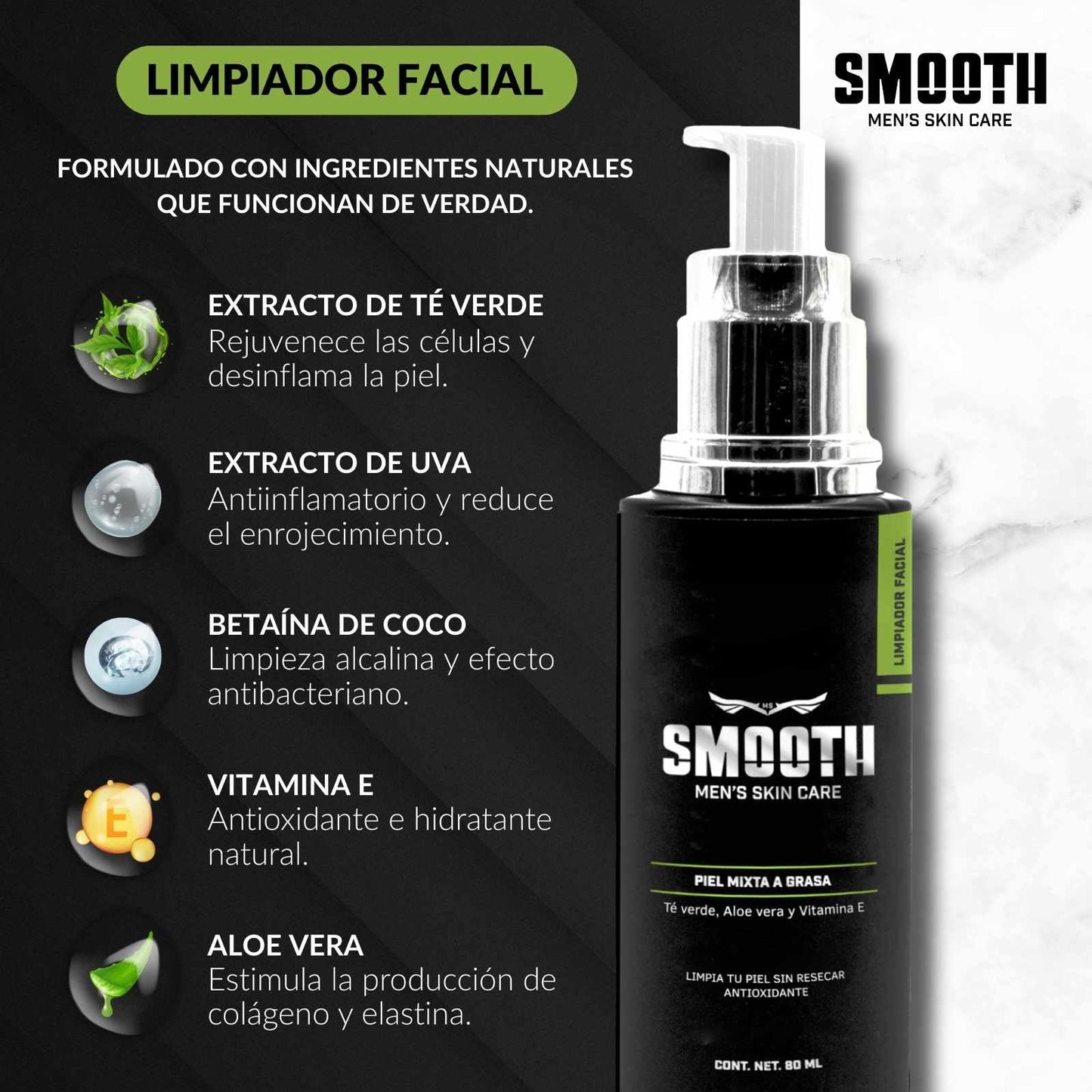 SMOOTH Limpiador Suave Hombres | Limpieza Profunda Sin irritar, Elimina Impurezas, Toxinas, Puntos Negros y Exceso de Grasa | Extracto de Té Verde, Aloe Vera, Betaína de Coco y Vitamina E | Piel suave Fresca y Saludable | 80ml Uso Día y Noche