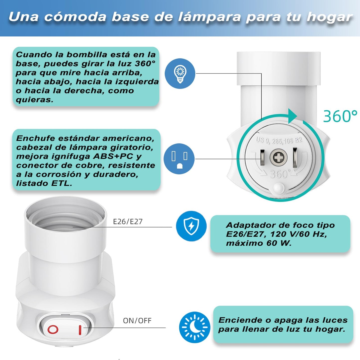 MOSU Enchufe de luz enchufable,Adaptador de extensión de Enchufe E26/E27 con Interruptor,Toma de Corriente de 3 Clavijas a Enchufe Giratorio de 360°,Adecuado para porches,Patios,garajes(Pack de 2)