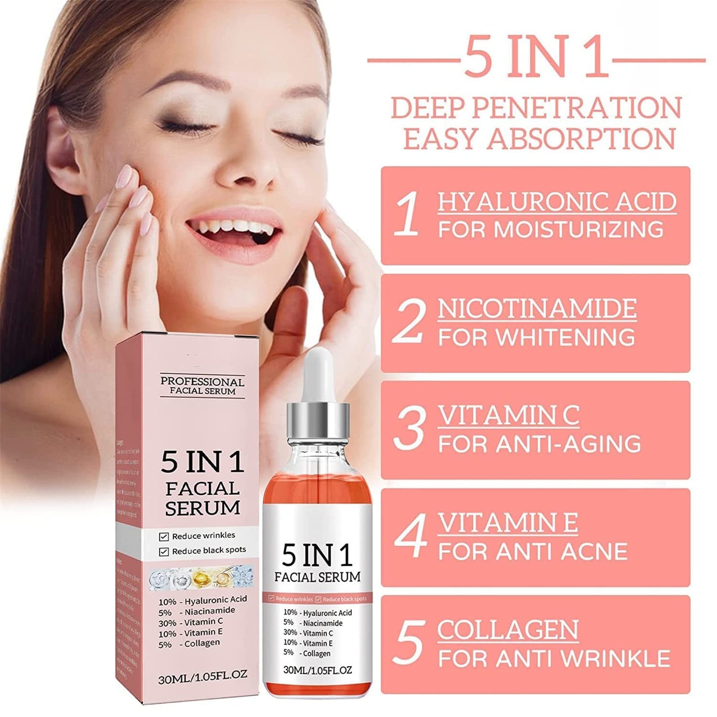 Suero facial 5 en 1,Suero antienvejecimiento con refuerzo de colágeno,Reduce las arrugas Suero facial,Suero de vitamina C para la cara con ácido hialurónico,Mejora la sequedad y la aspereza