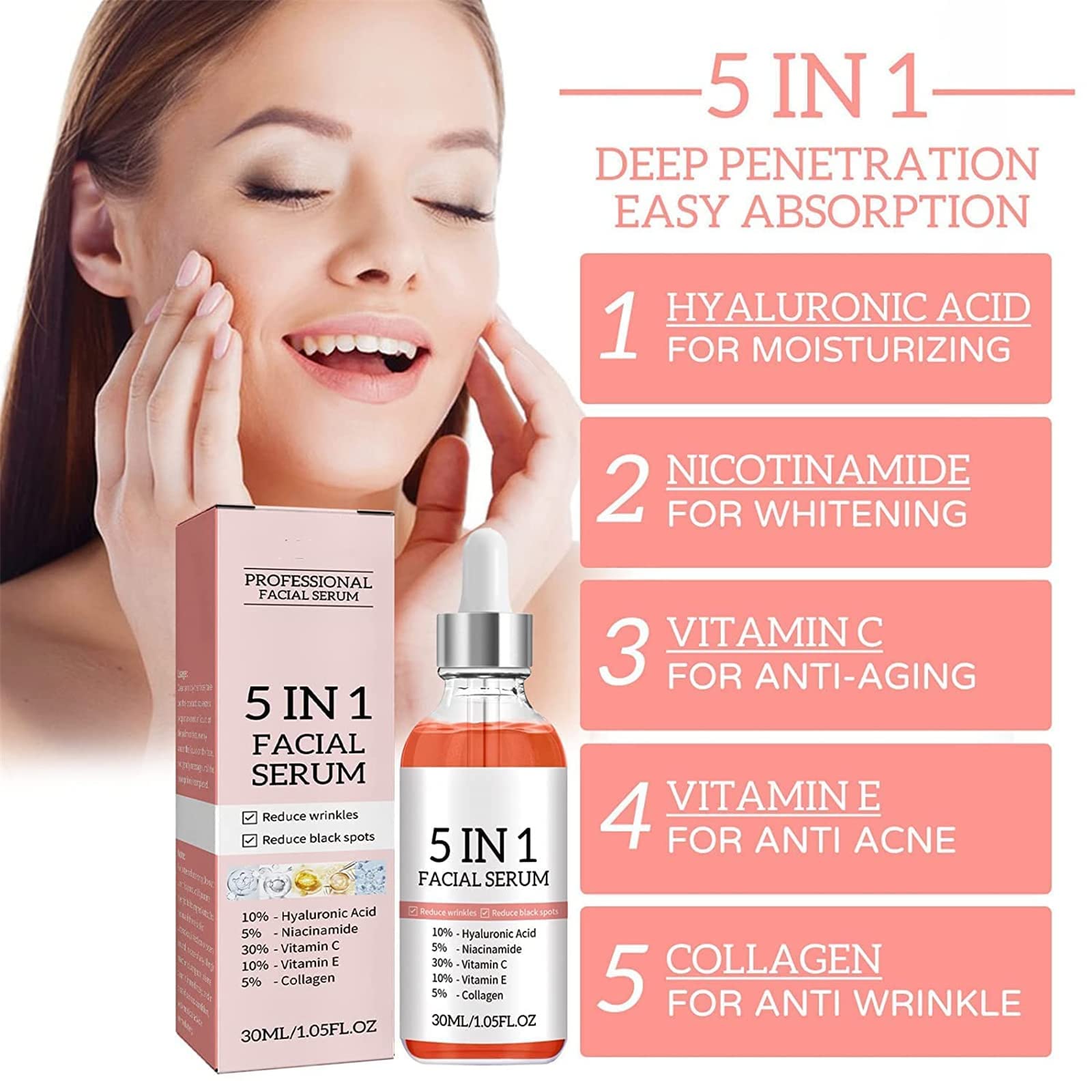 Suero facial 5 en 1, suero antimanchas y brillo, suero blanqueador de vitamina C, suero antienvejecimiento con refuerzo de colágeno, reduce las manchas oscuras de arrugas