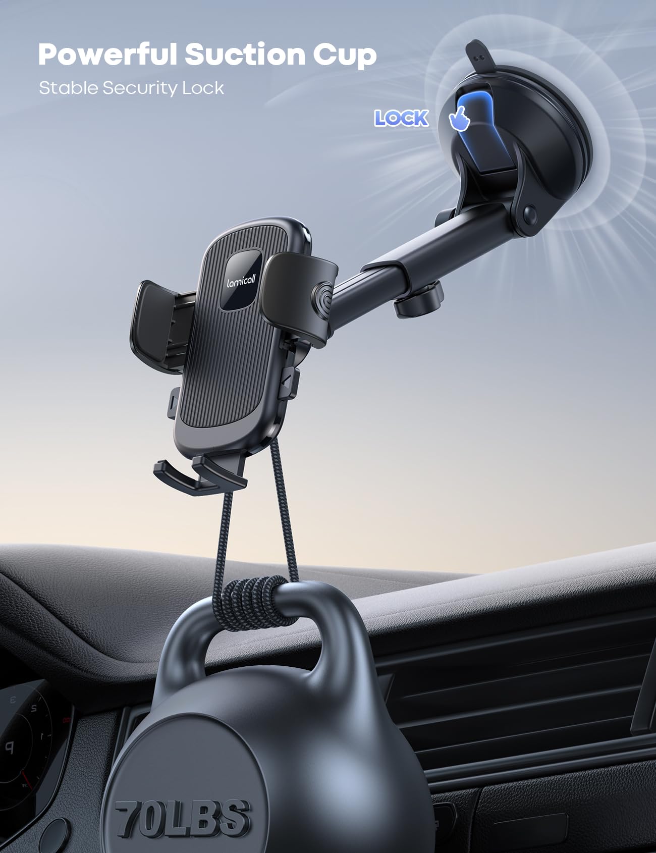 Lamicall Phone Mount for Car - [Succión Ultra 70LBS] Soporte para Celular Automovil Porta Celular para Auto Salpicadero, Reutilizable, Liberación Rápida, Compatible con Todos Celular, iPhone, Samsung