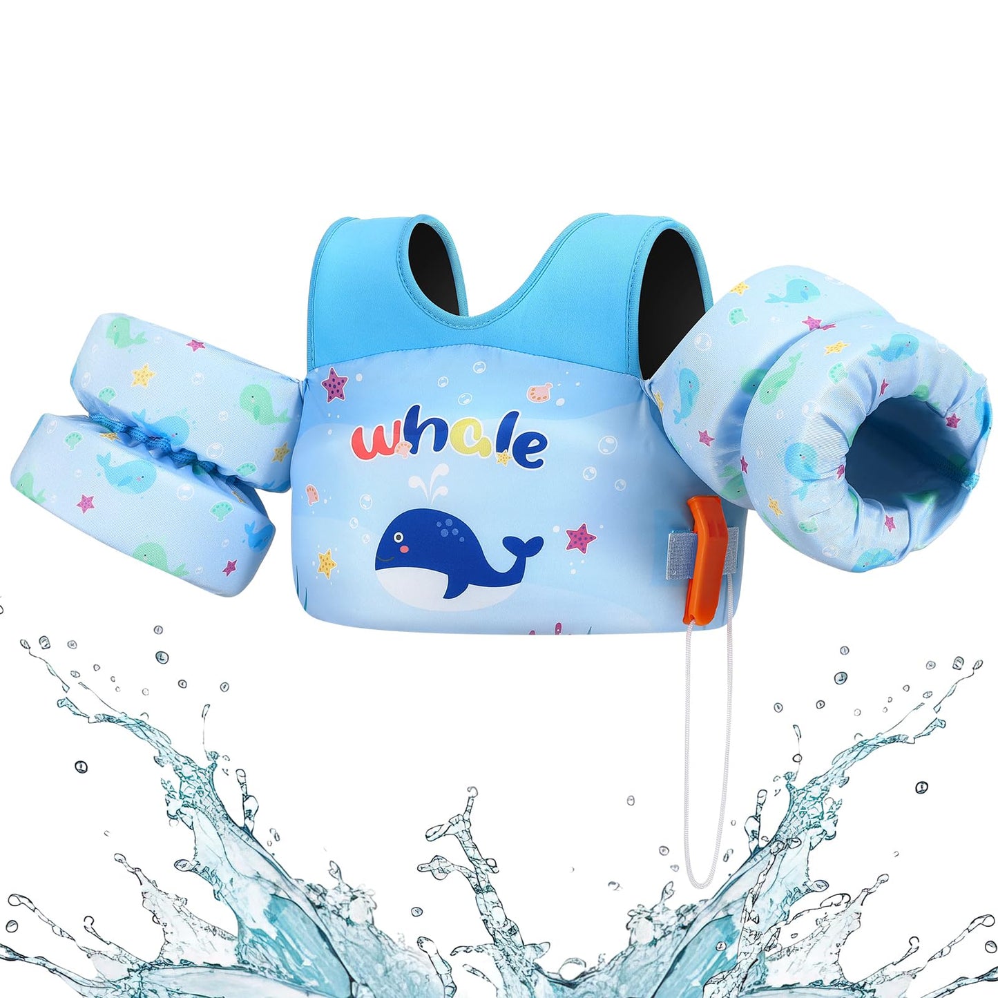 HeySplash Chaleco infantil con alas de natación, diseño de dibujos animados, cinturón de natación sin inflar con 2 hebillas de seguridad, para niños y niñas de 2 a 6 años, ballena azul