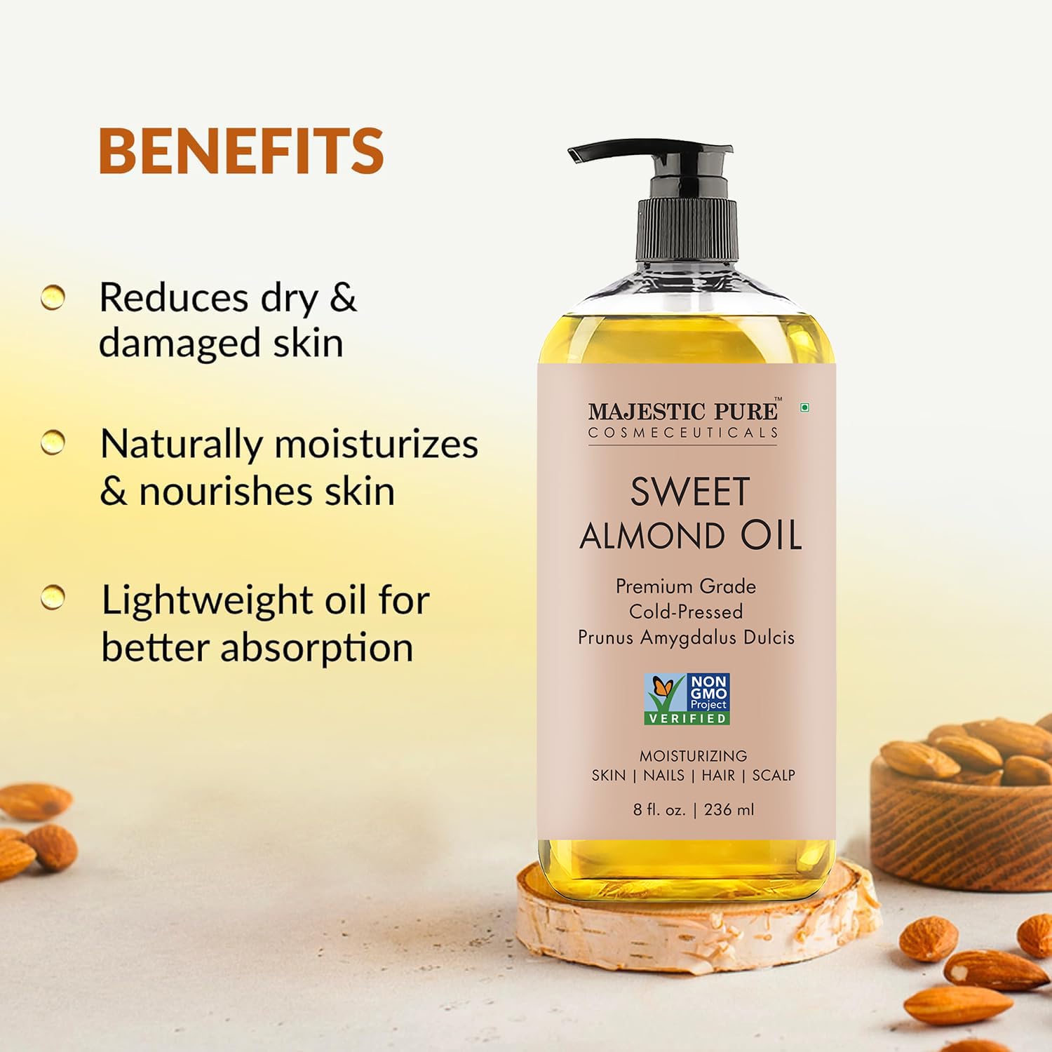 MAJESTIC PURE USDA Organic Sweet Almond Oil | Cold Pressed Oil Sweet Almond Oil for Skin, Face, Nails, Hair, Scalp & Massage | 8fl oz