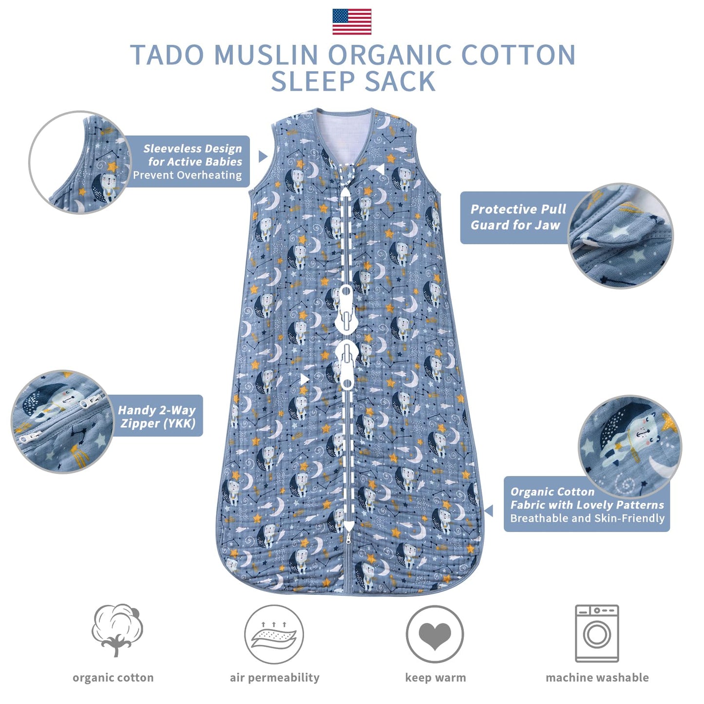 TADO MUSLIN - Saco de dormir para bebé, de 0 a 6 meses, manta para bebés, 100% algodón orgánico, cierre de 2 vías, YKK 0.5 TOG, sacos de dormir para niños pequeños