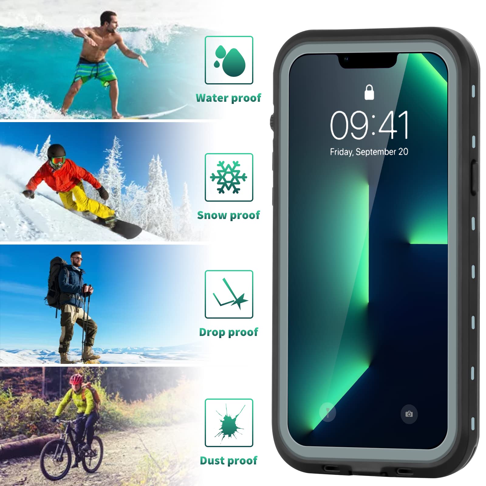 Funda para iPhone 13 Pro Max, Funda Impermeable IP68 para iPhone 13 Pro Max, iPhone 13 Pro Max Funda con Kickstand, Carcasa Protección Resistente Impactos TPU+PC Case, Adecuado para Buceo, Natación