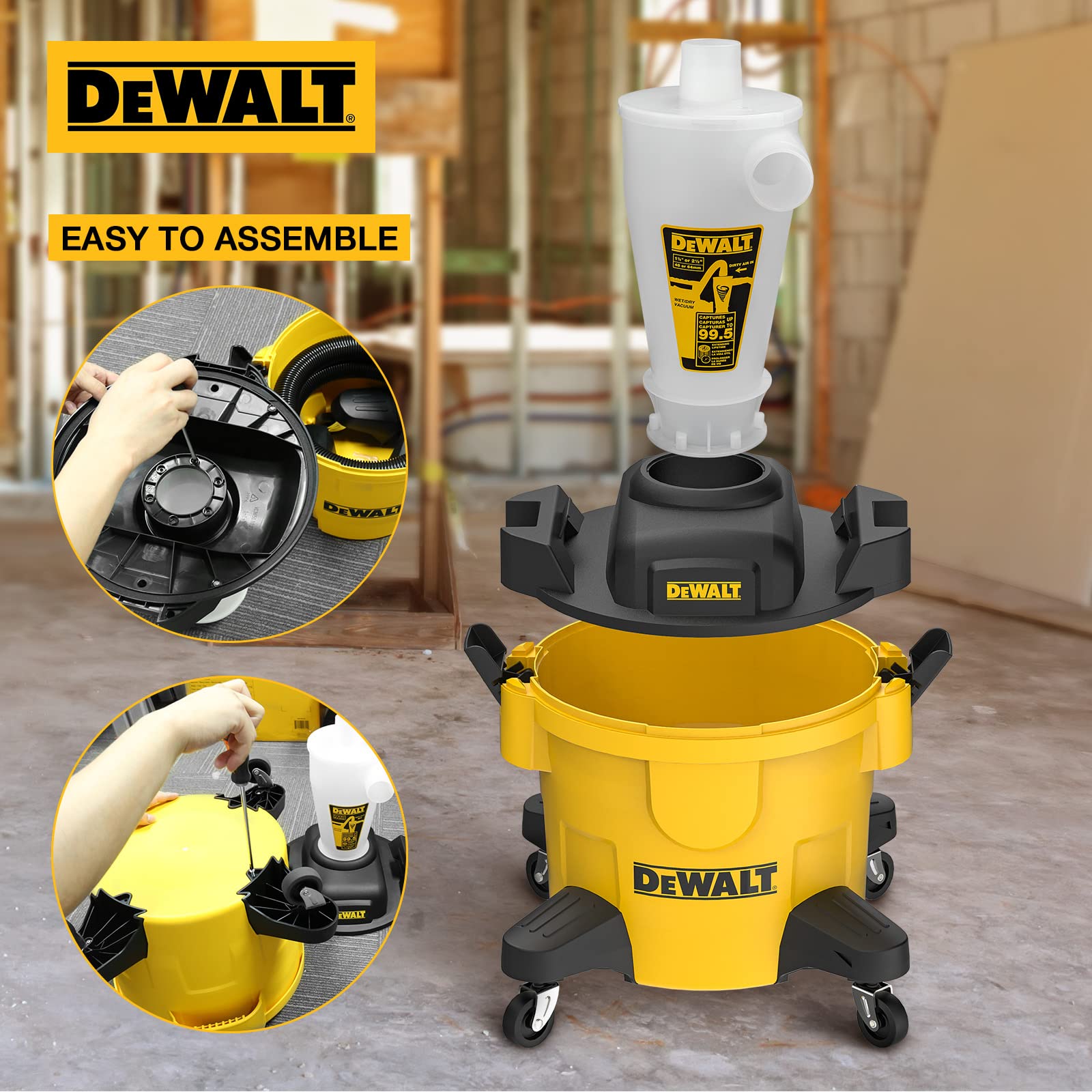 DEWALT Separador de Polvo con Tanque de Polietileno de 6 galones, colector de Polvo ciclón de eficiencia 99.5%, Filtro colector de Polvo de Ciclo de Alto Rendimiento, DXVCS002, Amarillo