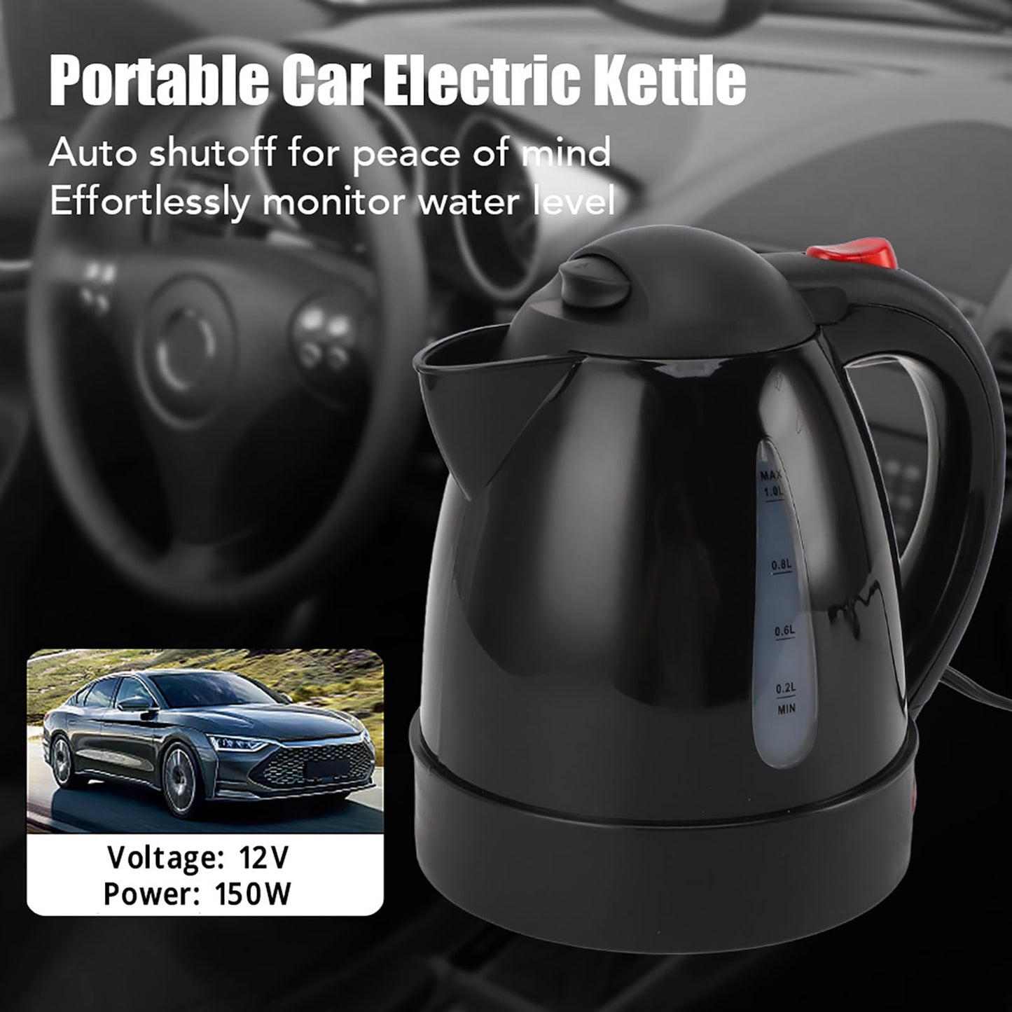Hervidor Eléctrico para Coche de 1 Litro, Hervidor de té para Camión de Viaje de 12 V con Revestimiento de Acero Inoxidable, Botella Calentadora de Agua Caliente con Apagado