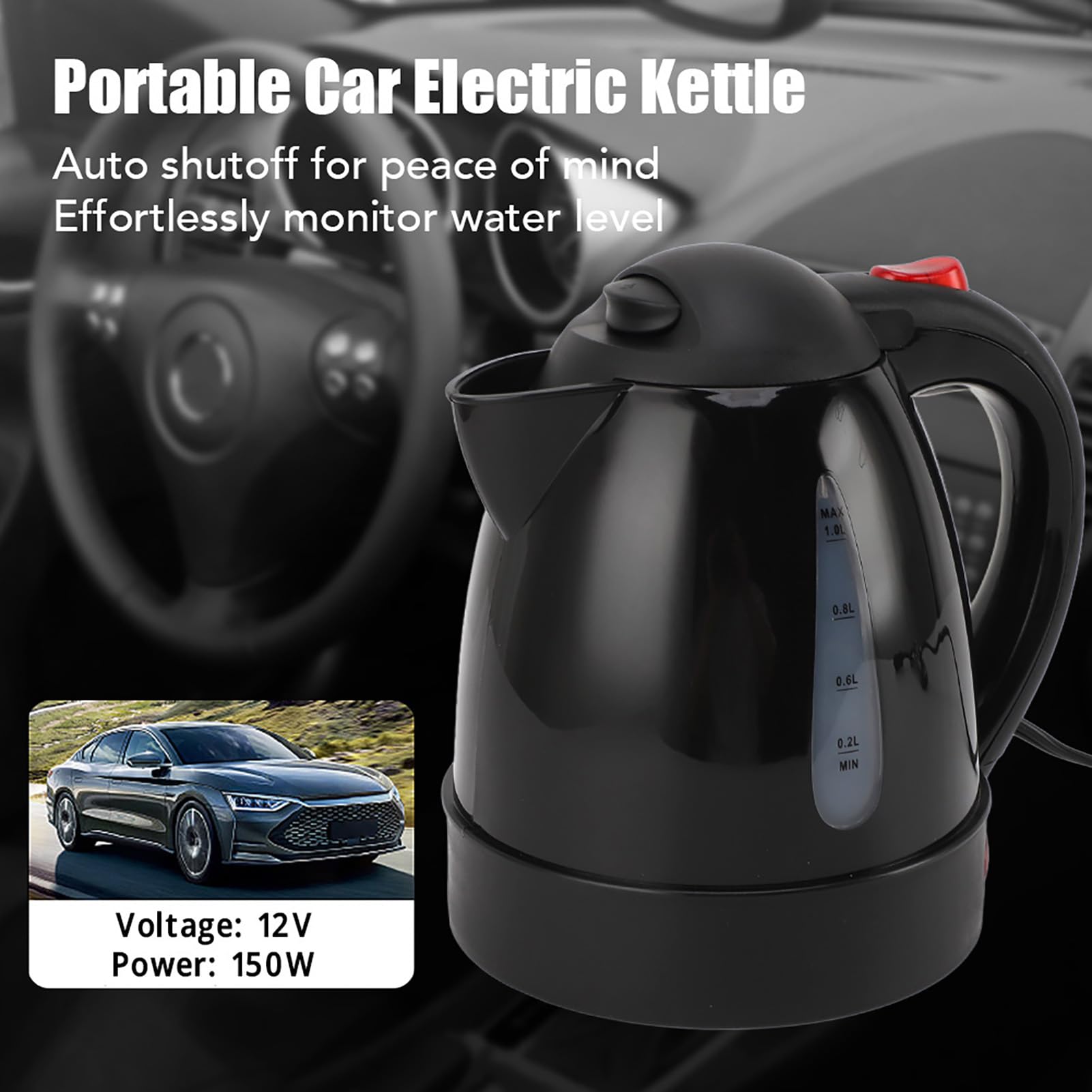 Hervidor Eléctrico para Coche de 1 Litro, Hervidor de té para Camión de Viaje de 12 V con Revestimiento de Acero Inoxidable, Botella Calentadora de Agua Caliente con Apagado