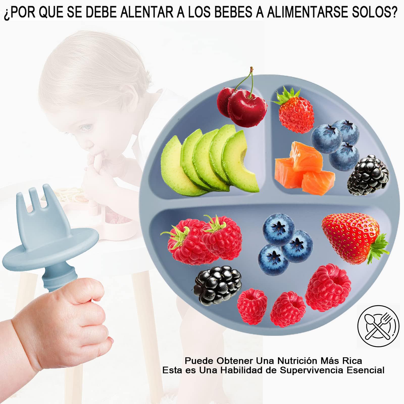 Set de Vajillas y Platos de Silicona, Azul, con Ventosas y Baberos Ajustables para Bebé, Seguros para Alimentos, Sin BPA, 8 Piezas, Ideal para Babyshower