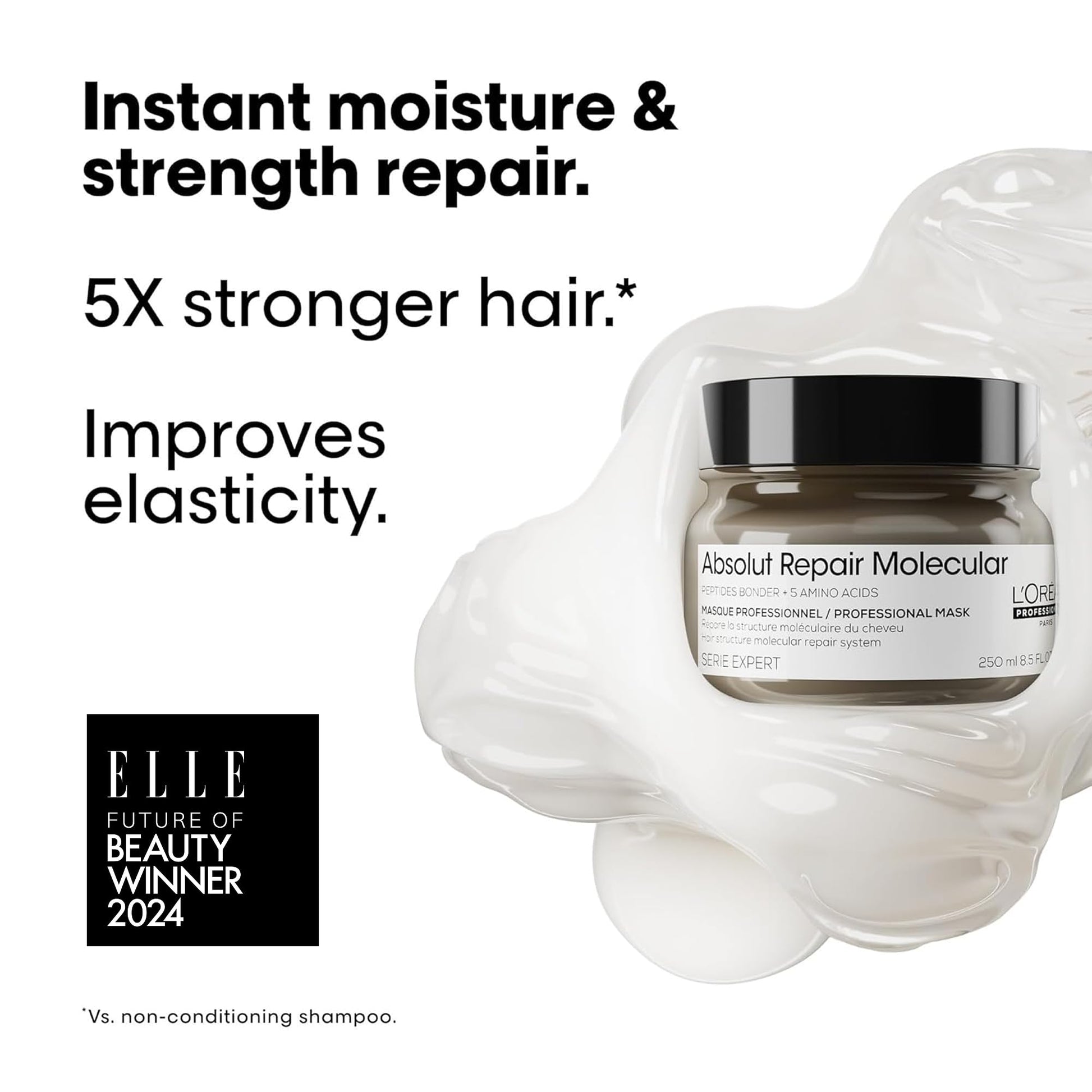 L'Oréal Professionnel Absolut Repair Molecular Mascarilla | Mascarilla reparadora | Para cabello muy dañado | Con tecnología 2% reparador de péptidos + 5 aminoácidos | Repara el cabello y restaura su fuerza | Repara la estructura molecular | 250ml