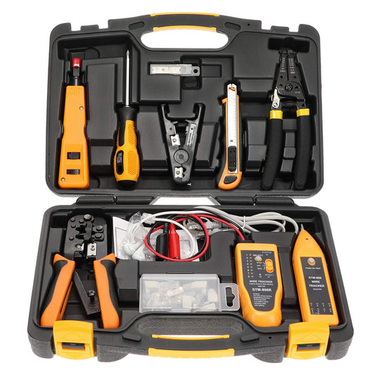 InstallerParts Kit de herramientas de instalación de red de 15 piezas, incluye probador de datos LAN, crimpadora RJ11/45, punzonador 66 110, pelacables de calibre 20-30, cuchilla multiusos, desatornillador 2 en 1, y estuche duro