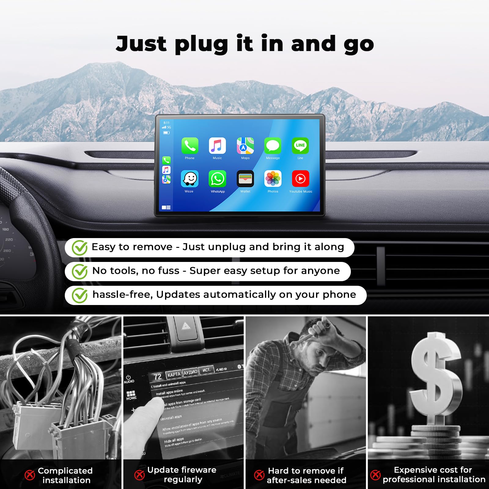 Pantalla Portátil Volam Negra CarPlay/Android Auto 9'' con Cámara de Reversa y Bluetooth Compatible con Todos los Vehículos