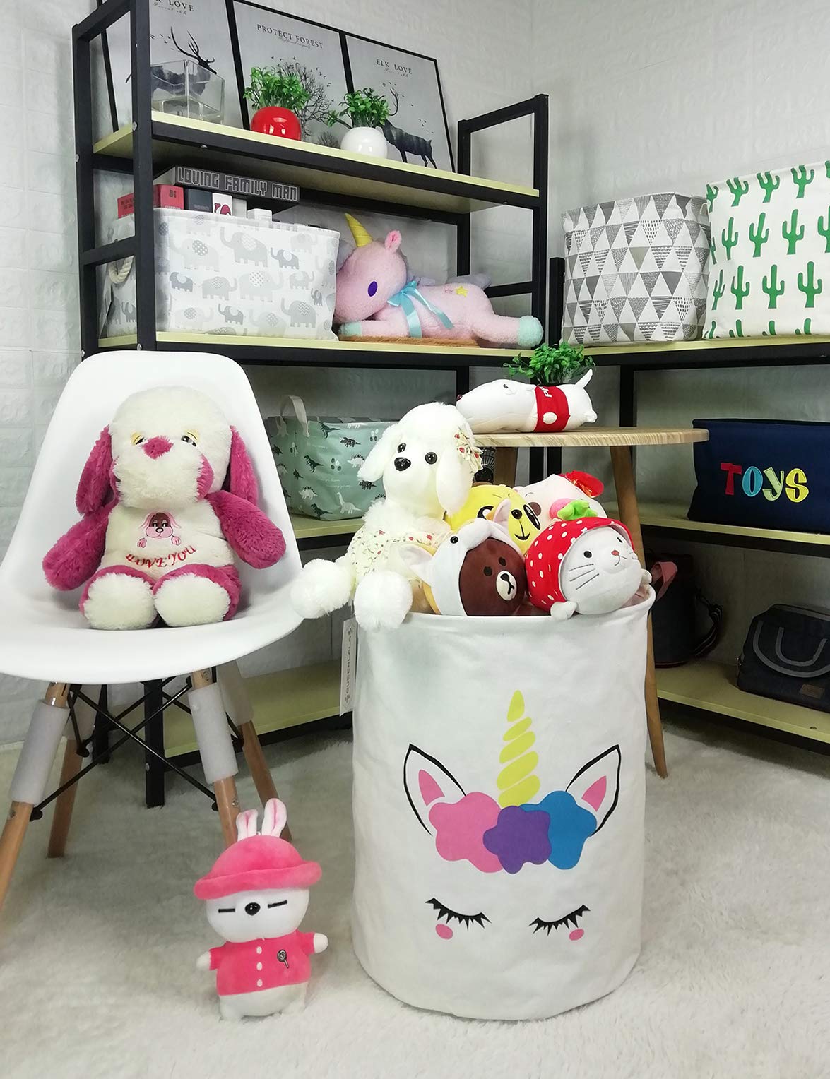 Cesta redonda impermeable para lavandería, cesta de lavandería para guardería, caja de juguetes para niños, cesta de regalo para pañales o juguetes de peluche, cesta de tela plegable (unicornio dorado