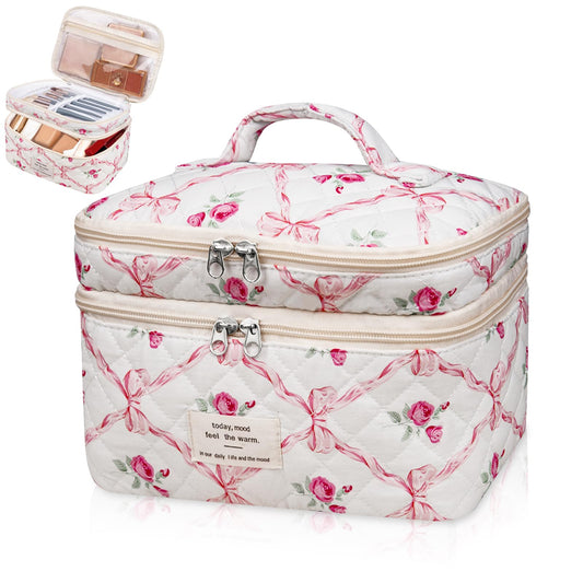 Bolsa de maquillaje, bolsa de cosméticos grande para mujeres y niñas, lindas bolsas de maquillaje acolchadas, bolsa de aseo estética de coqueta floral, bolsa organizadora de maquillaje de viaje (lazo