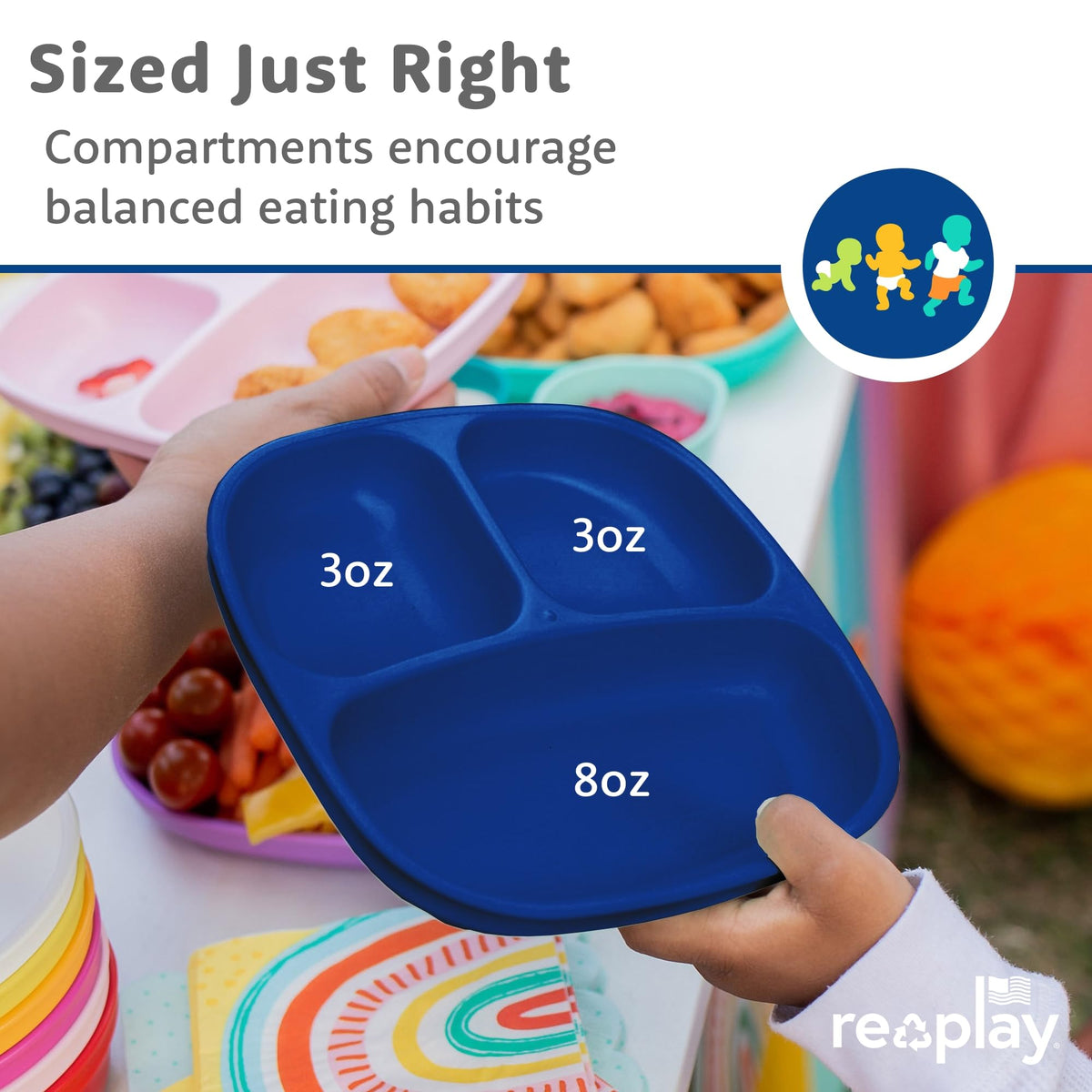 Re-Play - Platos para niños pequeños con divisores, 3 compartimentos divididos de paredes profundas para niños con 3 tapas, aptos para lavaplatos y microondas, fabricado en Estados Unidos, juego de 3