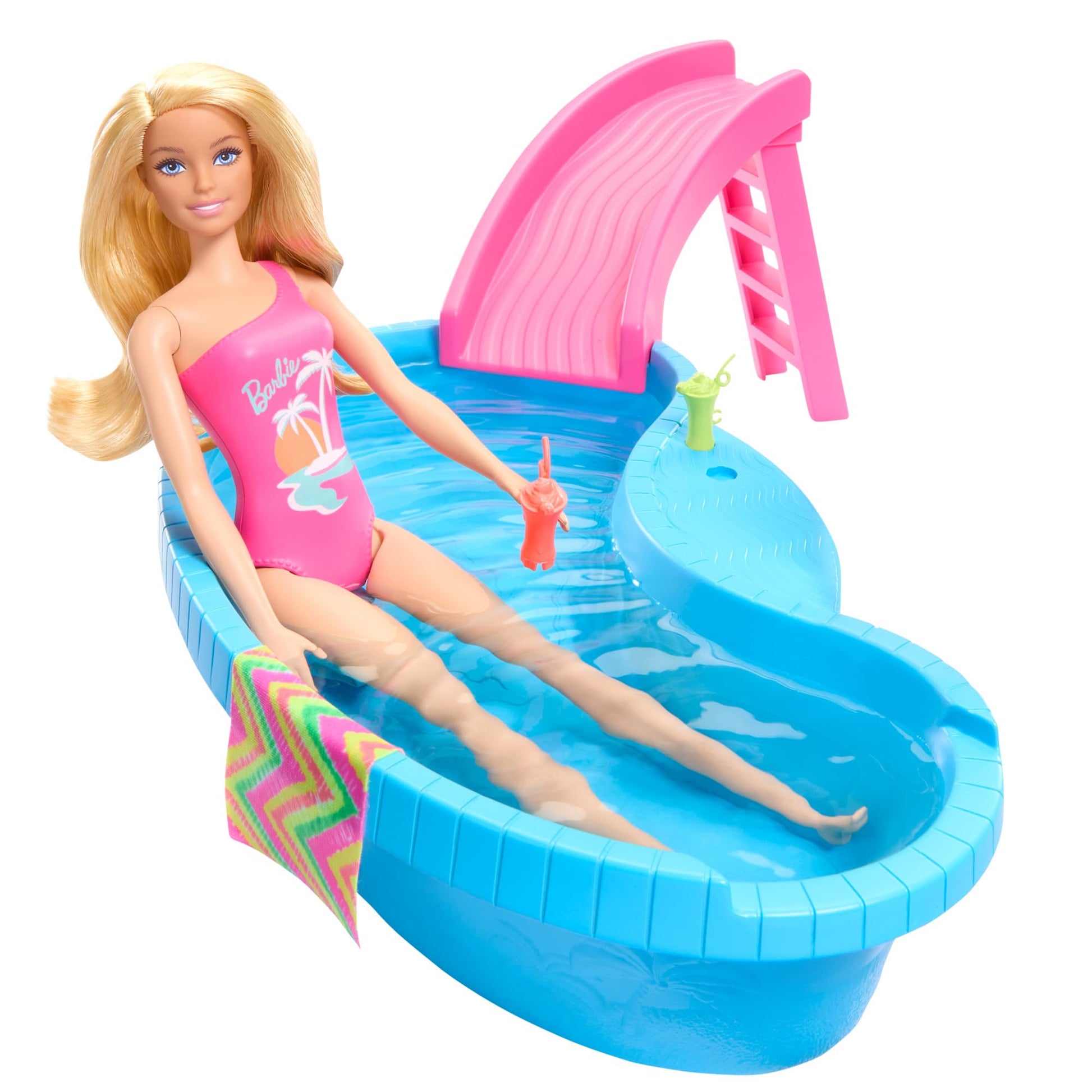 Barbie, Set de Juego Alberca Glam con Muñeca, para Niñas de 3 Años en Adelante, Mattel, Tarde de Verano Perfecta, Piscina para llenar con Agua de Verdad